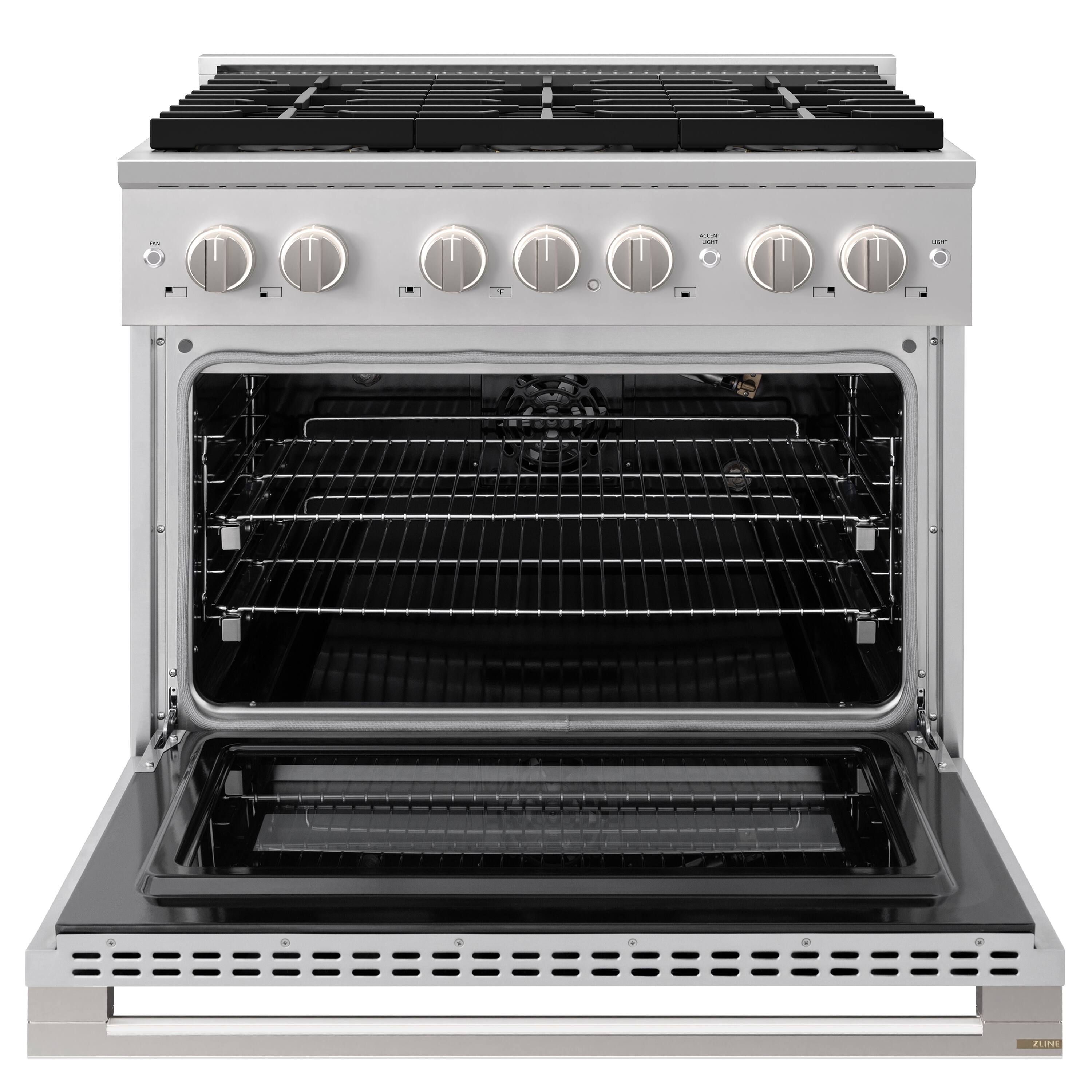 Angle. ZLINE - 36 in. 5.2 cu. ft. Marino Freestanding Manual Clean Gas Range with 6 DuoPro Burners and Convection Gas Oven - Stainless Steel.