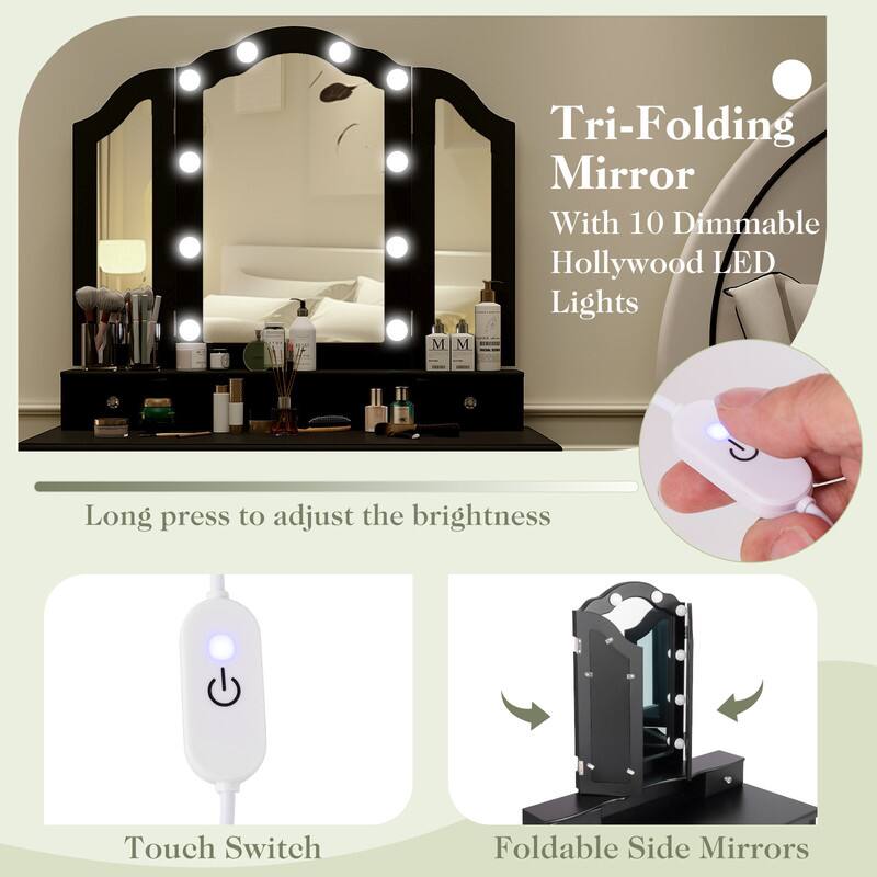 Tri-Folding Mirror With 10 Dimmable Hollywood LED Lights

Long press to adjust the brightness

Touch Switch

Foldable Side Mirrors