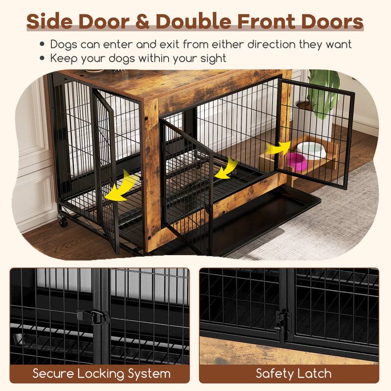 Side Door & Double Front Doors  
- Dogs can enter and exit from either direction they want  
- Keep your dogs within your sight  

Secure Locking System  
Safety Latch