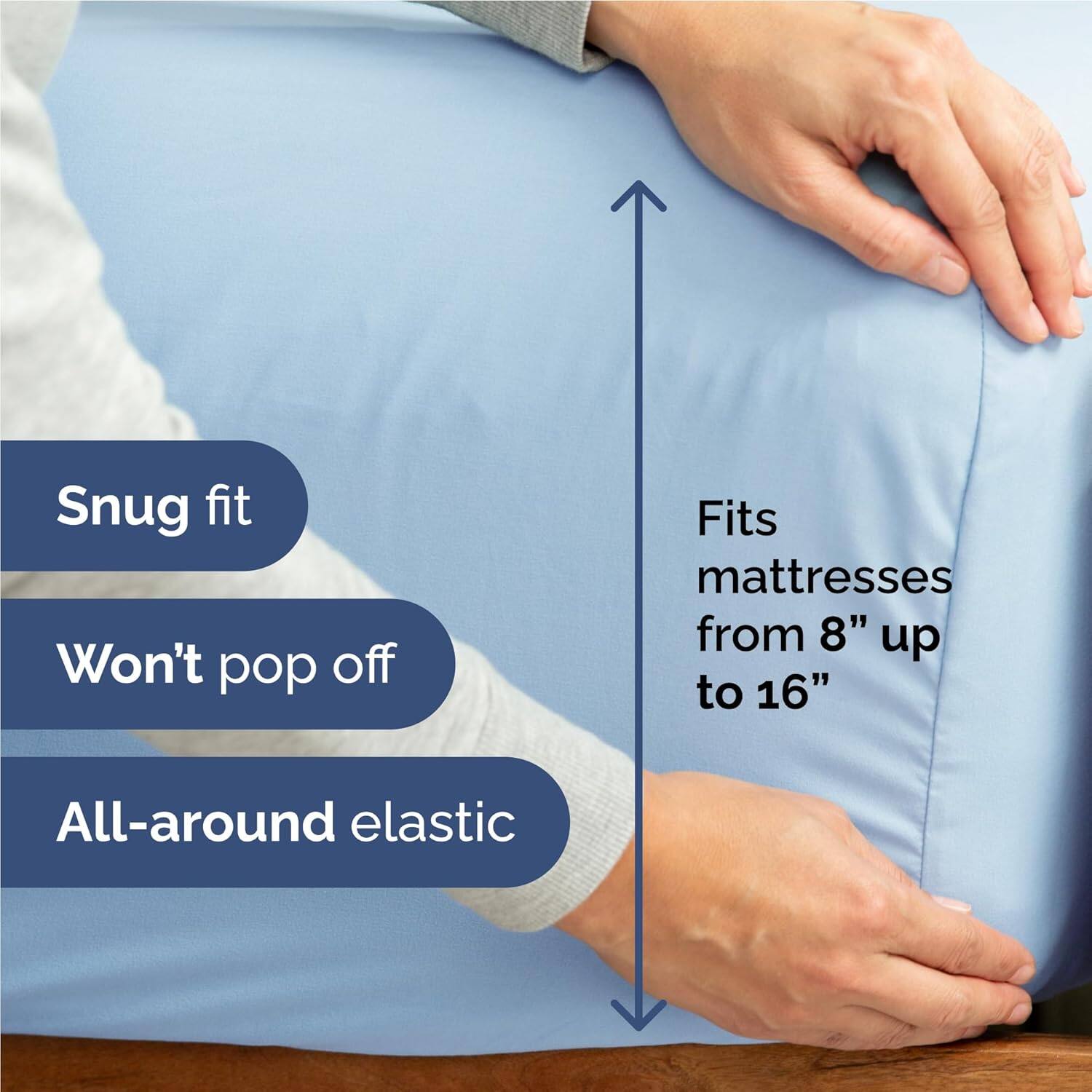 Snug fit  
Won't pop off  
All-around elastic  

Fits mattresses from 8" up to 16"
