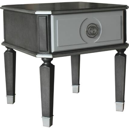 Front. Manhattan Lane - MDF End Table with 1 Drawer and Turned Tapered Legs - Gray and Silver.