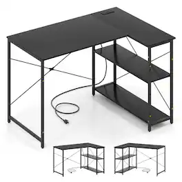 SlickBlue - Modern L-Shaped Computer Desk with Reversible Design and Adjustable Shelves - Black