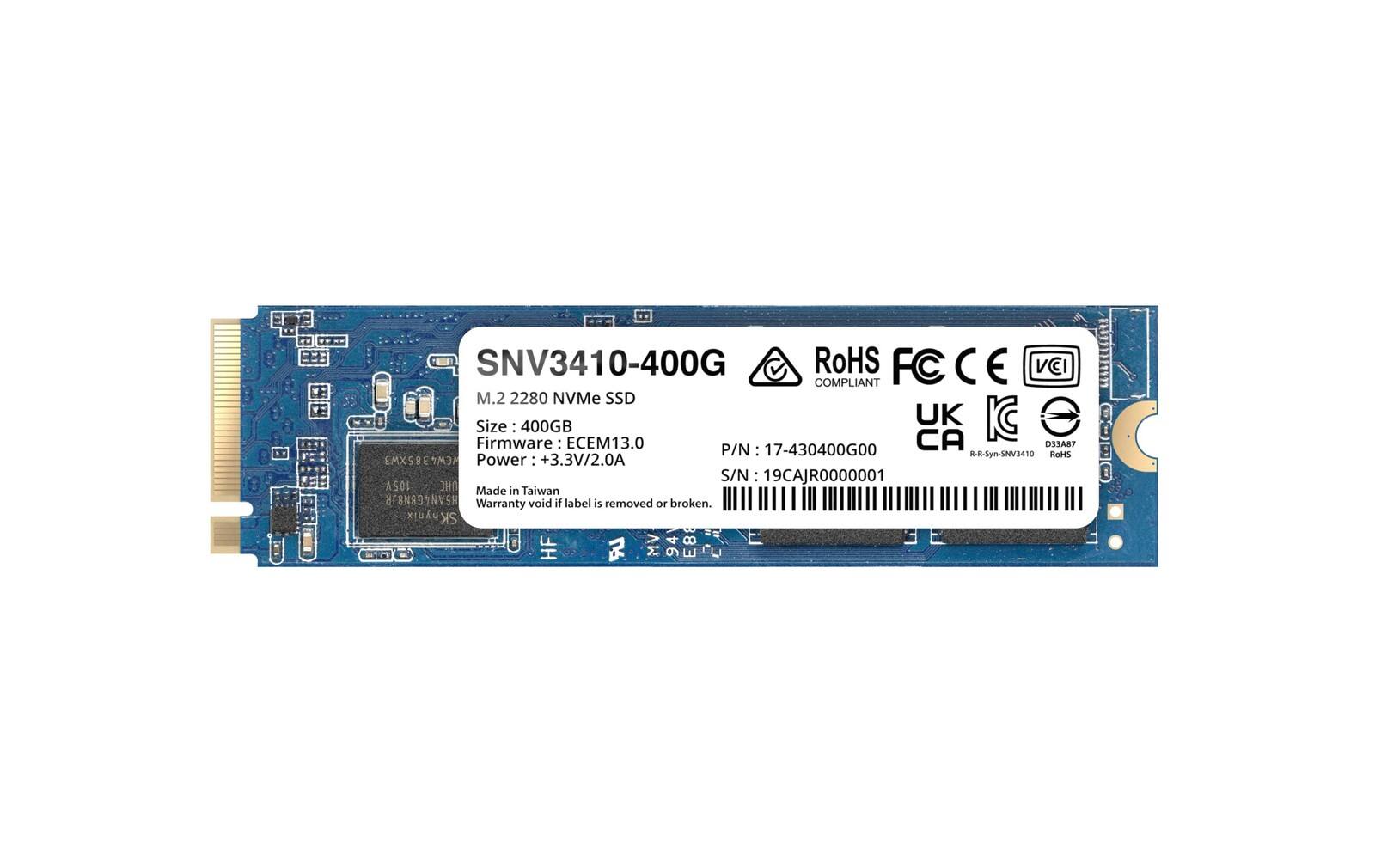 SNV3410-400G  
RoHS FC CE VCI COMPLIANT  
M.2 2280 NVMe SSD  
Size: 400GB  
Firmware: ECEM13.0  
P/N: 17-430400G00  
CA 033A87  
8Syn-SNV3410 RoHS  
EMXSBENMO  
Power: +3.3V/2.0A  
S/N: 19CAJR0000001  
Made in Taiwan  
Warranty void if label is removed or broken.  
SKayni SK HF 5 MV 94 E88 CA RR 18EO