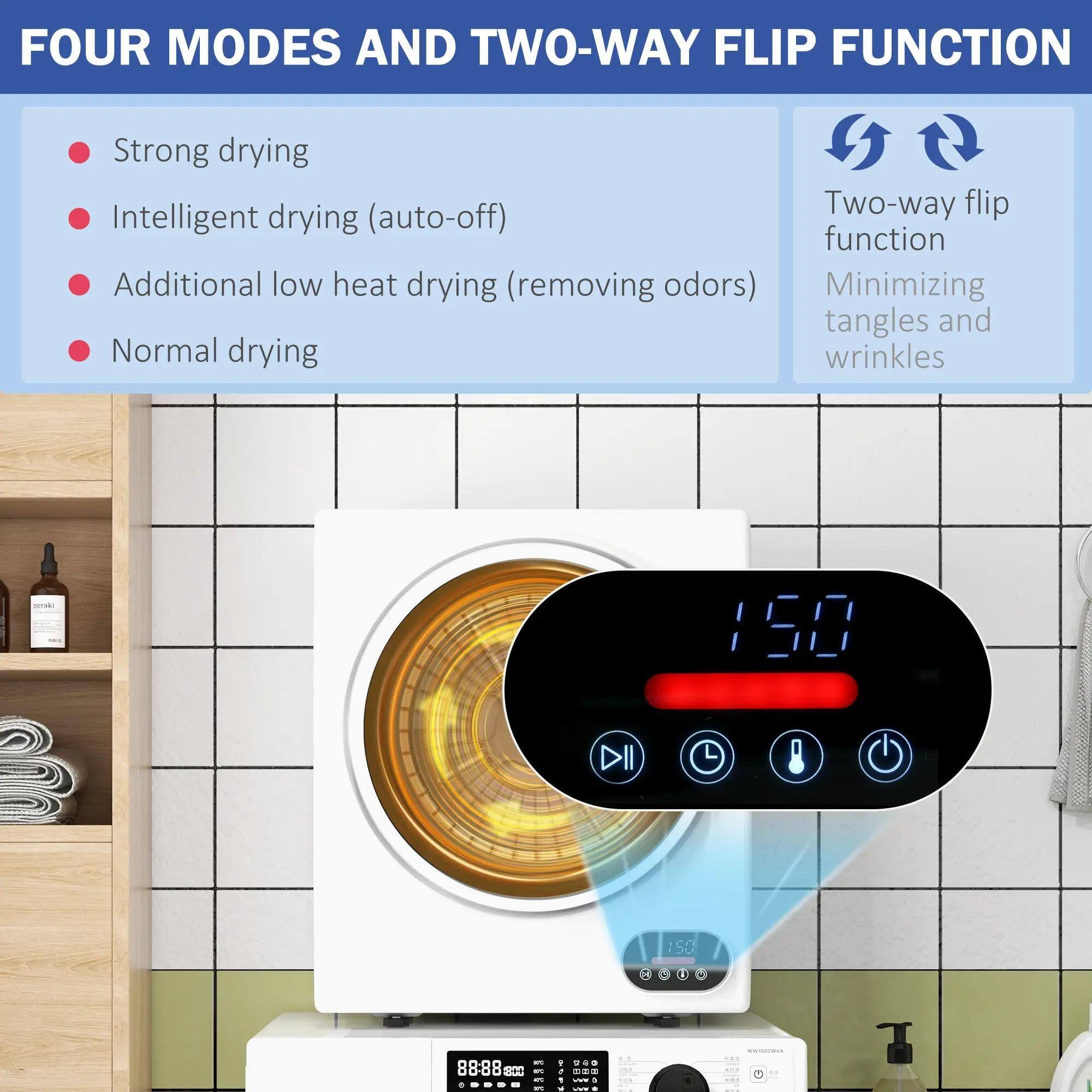 FOUR MODES AND TWO-WAY FLIP FUNCTION

- Strong drying
- Intelligent drying (auto-off)
- Additional low heat drying (removing odors)
- Normal drying

Two-way flip function
Minimizing tangles and wrinkles