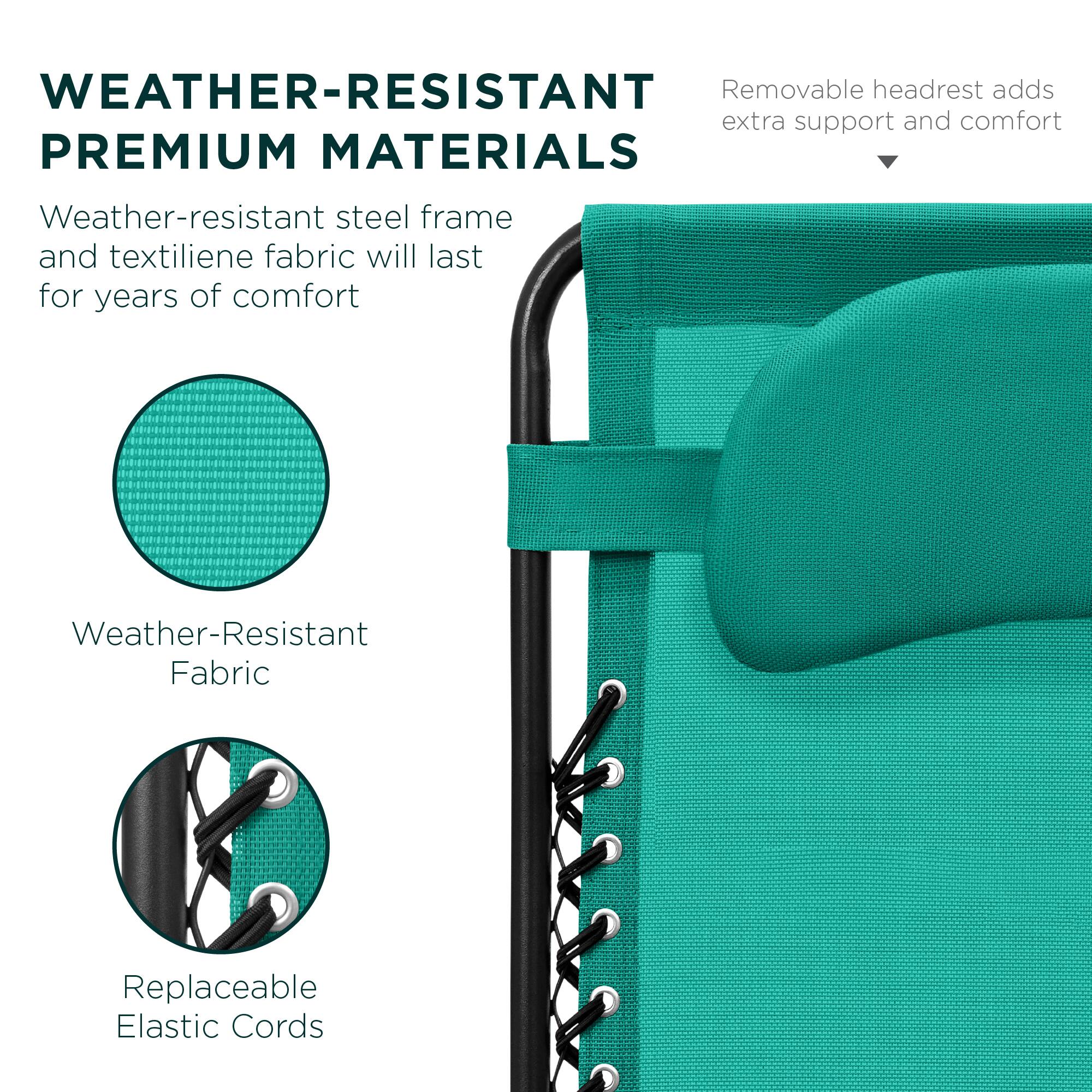 **WEATHER-RESISTANT PREMIUM MATERIALS**

Weather-resistant steel frame and textilene fabric will last for years of comfort

- Weather-Resistant Fabric
- Replaceable Elastic Cords

Removable headrest adds extra support and comfort