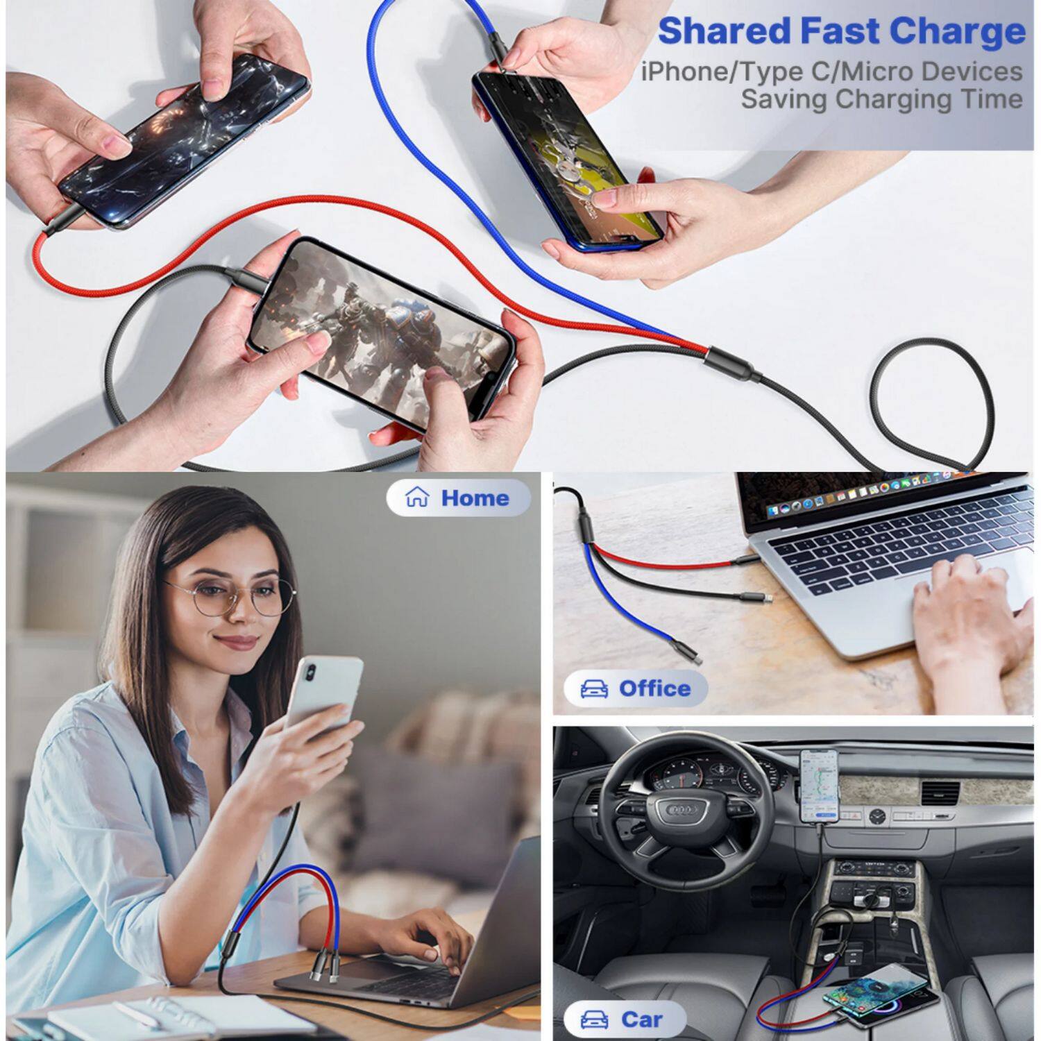 Shared Fast Charge  
iPhone/Type C/Micro Devices  
Saving Charging Time  

Home  
Office  
Car