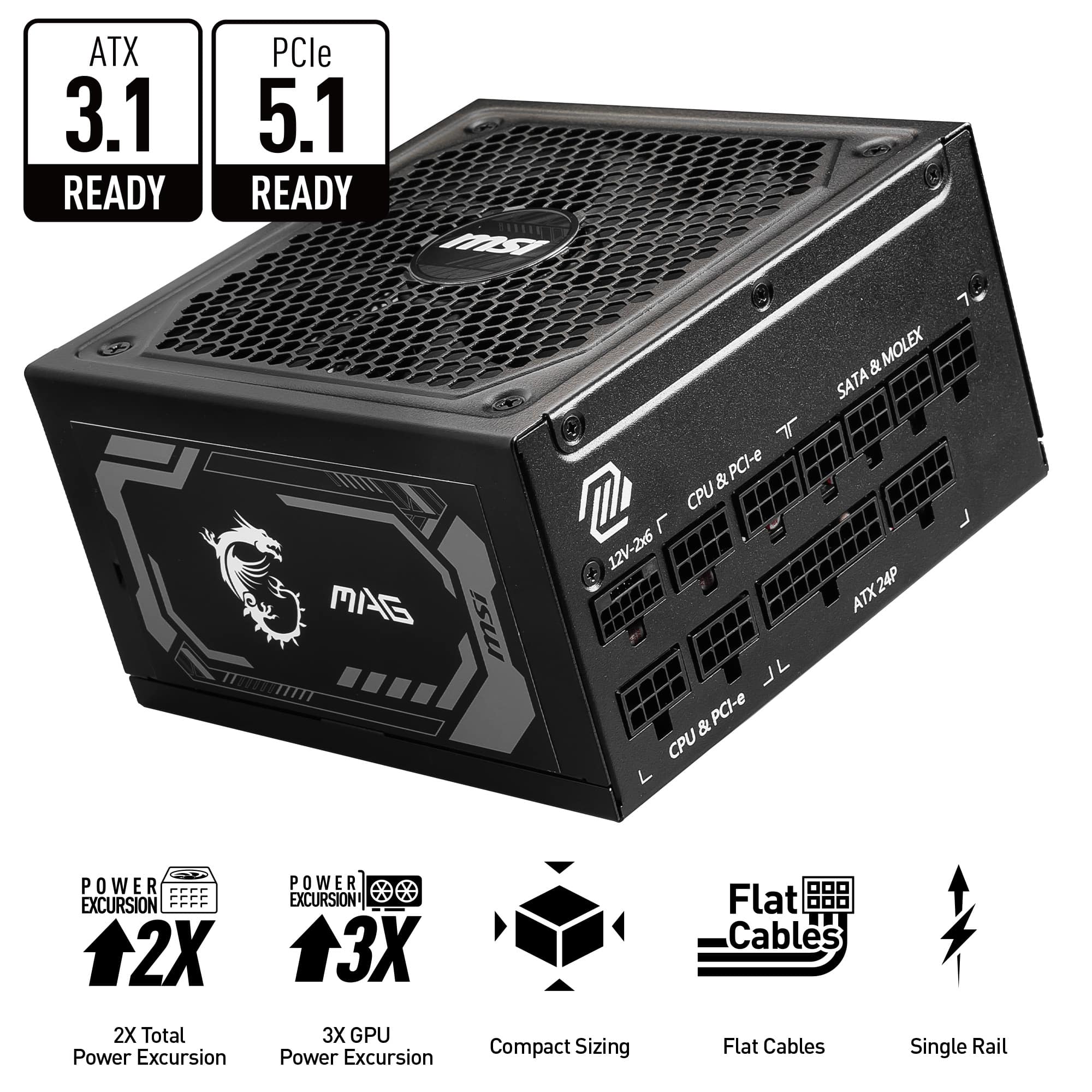 The image features a black computer tower with a dragon on it. The tower is advertised as being ATX 3.1 ready, PCI-e ready, and compatible with both 2.5" and 3.5" hard drives. It also supports a wide range of power excursion options, including 2x, 3x, and 5x. Additionally, the tower is designed for compact sizing and features flat cables for a sleek and organized appearance.