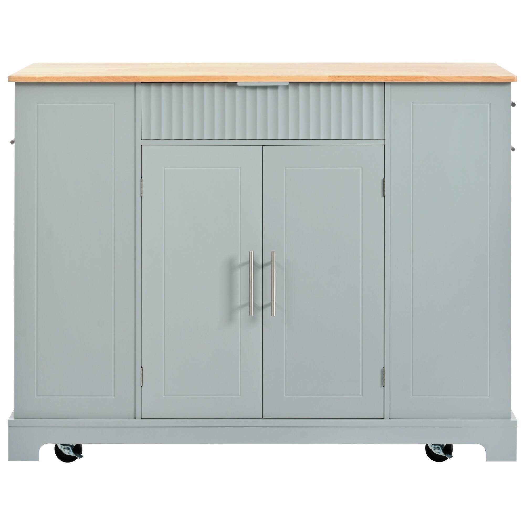 Back. Whisen - Fluted Kitchen Island Cart with Power Outlet & Trash Can Storage for Kitchen and Dining Room - Gray Blue.