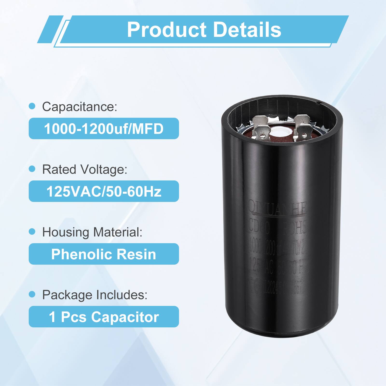 Product Details

- Capacitance: 1000-1200uf/MFD
- Rated Voltage: 125VAC/50-60Hz
- Housing Material: Phenolic Resin
- Package Includes: 1 Pcs Capacitor