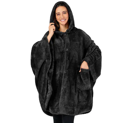 Front. Paradigms Interiors - Angel Wrap Hooded Blanket Poncho Wearable Throw For Women Adult Cozy Fluffy Sherpa Shawl Cape WEARABLE BLAN... - Black.