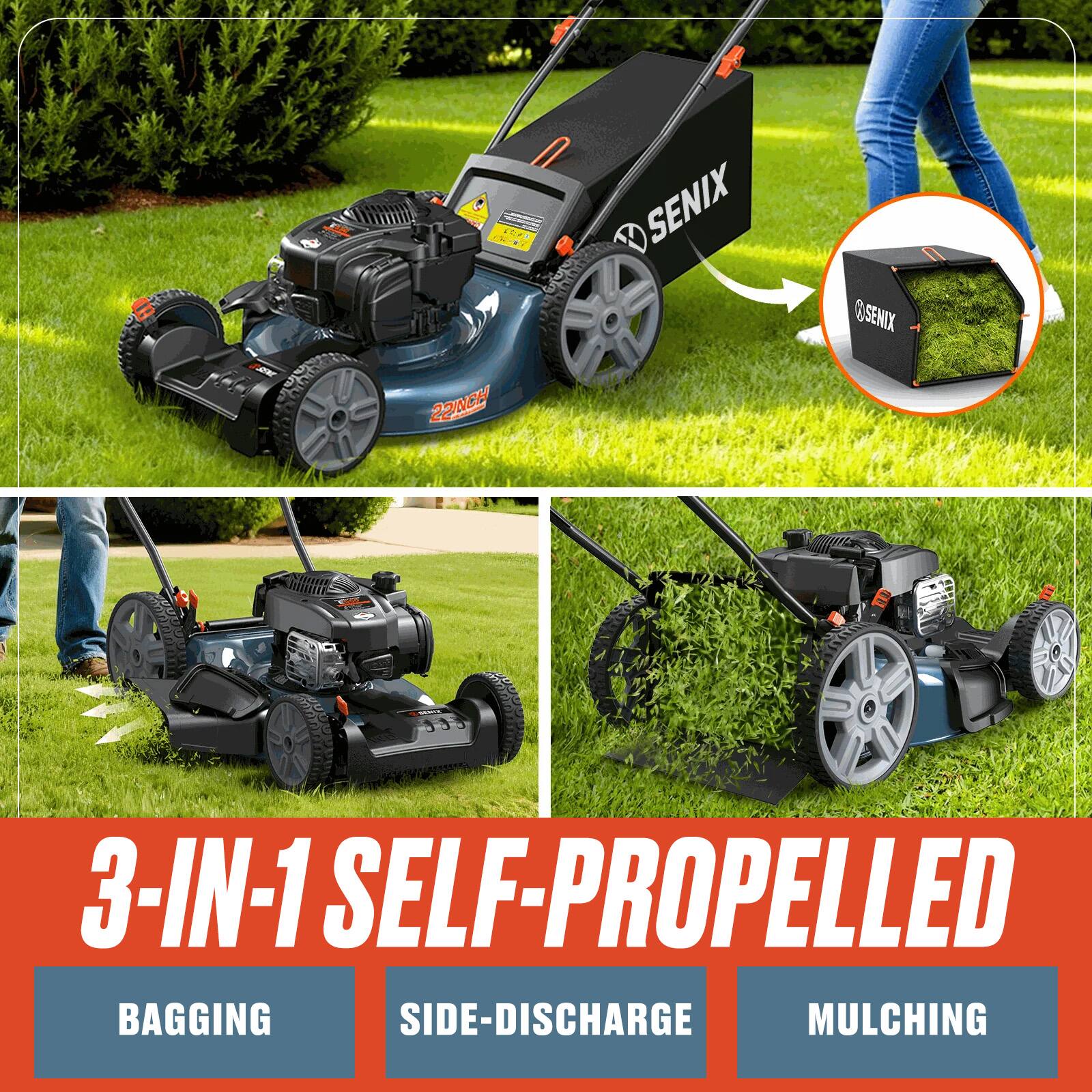 SENIX  
22INCH 3-IN-1 SELF-PROPELLED BAGGING SIDE-DISCHARGE MULCHING