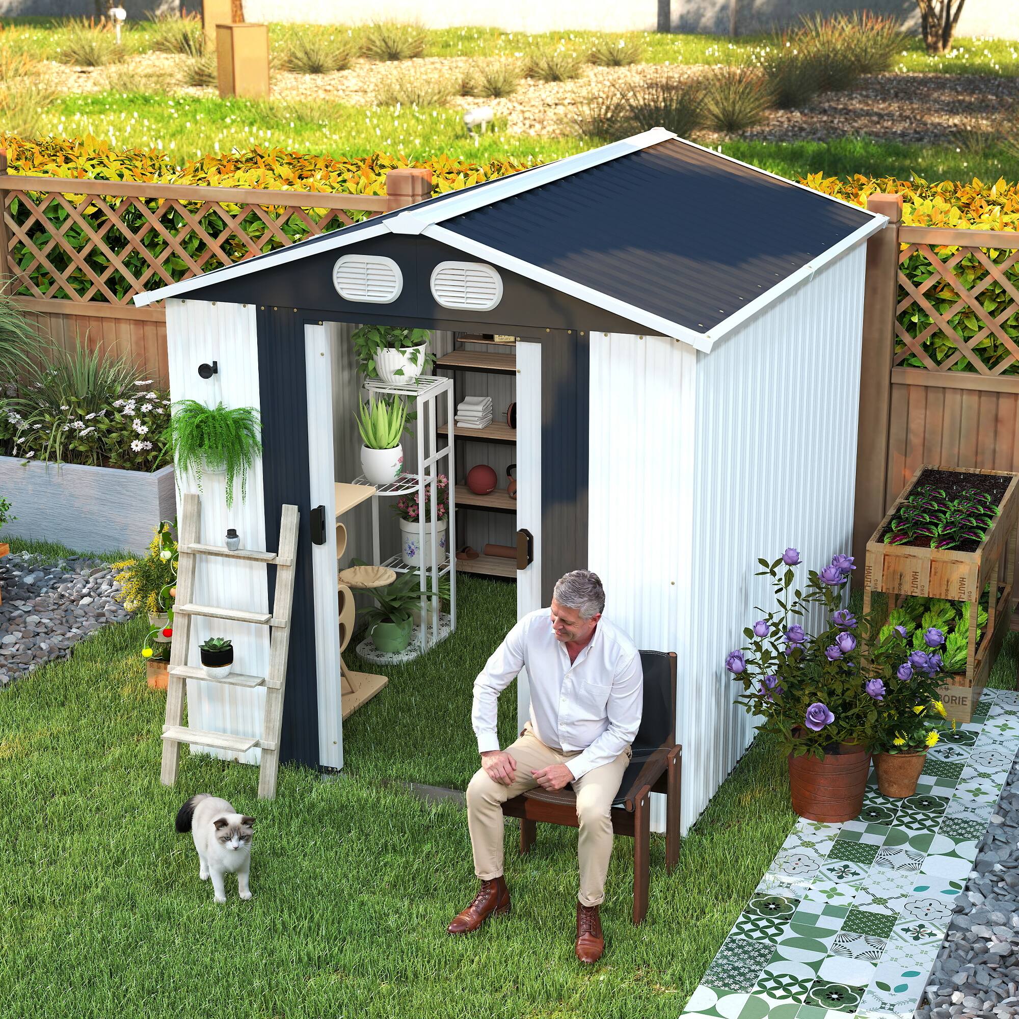 Left. Anysun - 6x8ft Metal Storage Shed with Lockable Door & Air Vents, Heavy-Duty Outdoor Garden Tool Shed for Backyard, Garden - White.