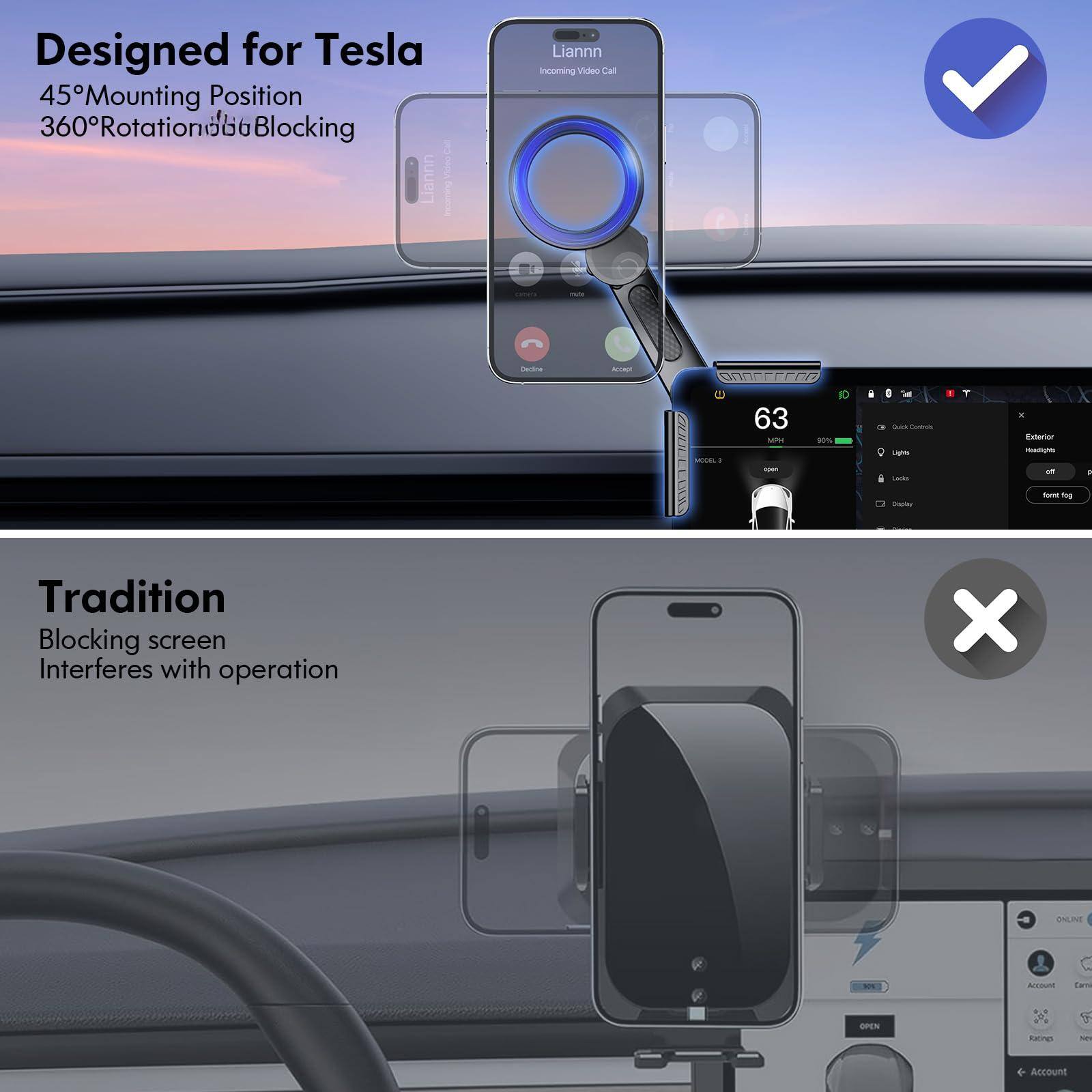 Designed for Tesla  
45° Mounting Position  
360° Rotation & Blocking  

Tradition  
Blocking screen  
Interferes with operation  

Liannn  
Incoming Video Call  

63  
100%  

OPEN  

Account  
Camera  
Rating  
News  

ONLINE  

Account  
Camera  
Rating  
News  

OPEN