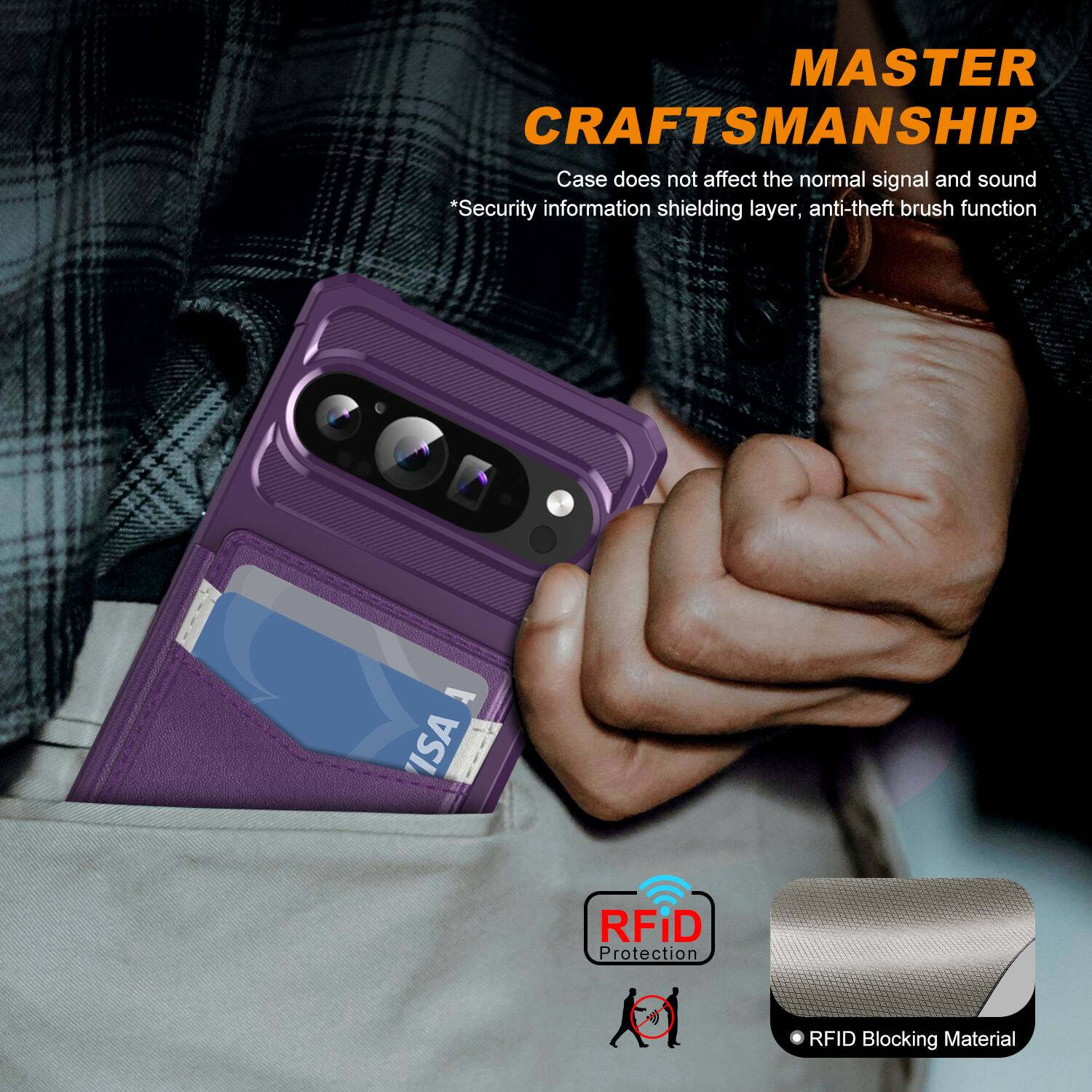 MASTER CRAFTSMANSHIP  
Case does not affect the normal signal and sound  
*Security information shielding layer, anti-theft brush function  
ISA RFID Protection  
RFID Blocking Material