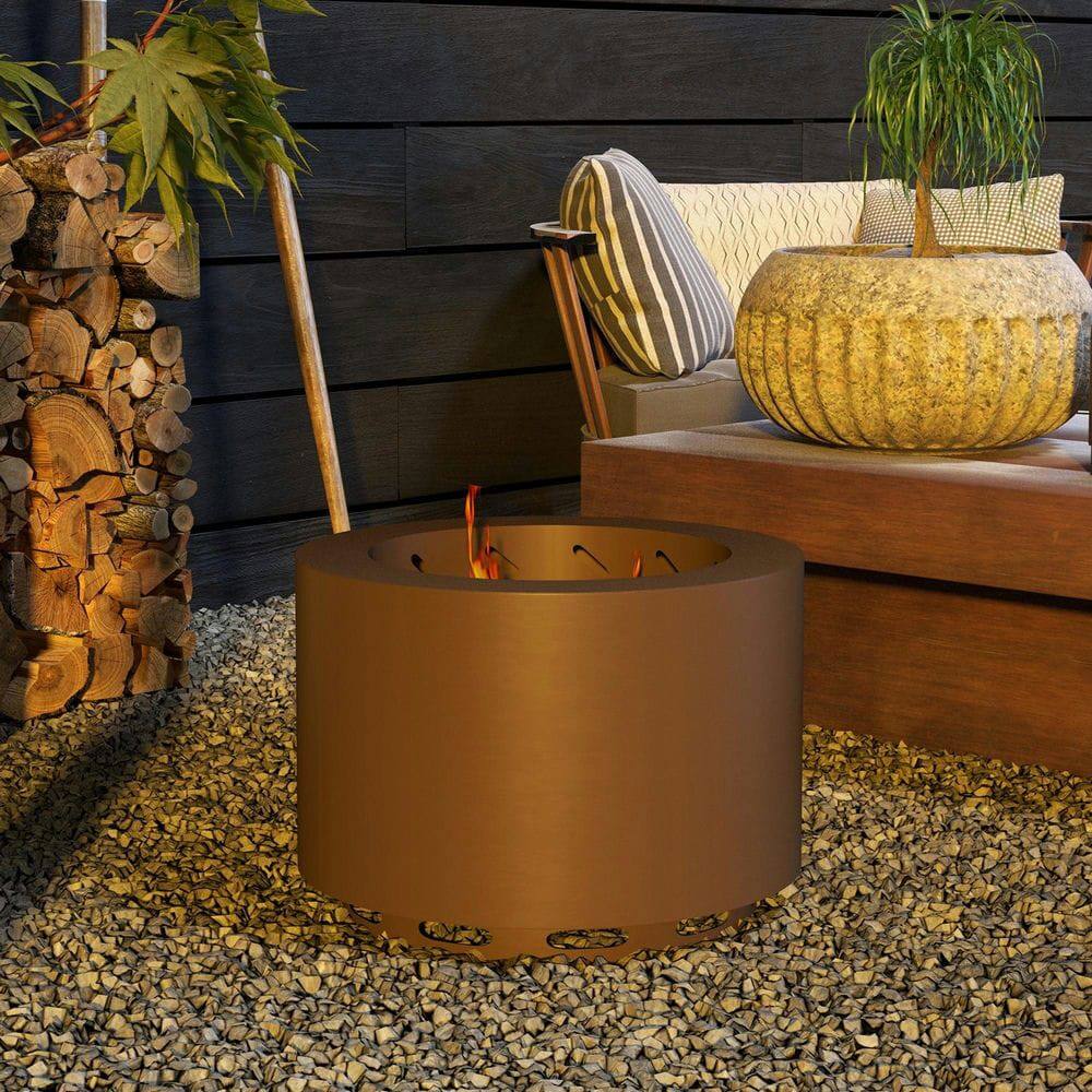 Left. Resenkos - Steel Smokeless Fire Pit, Portable Camping Stove with Poker for Backyard and Picnic, Bronze.