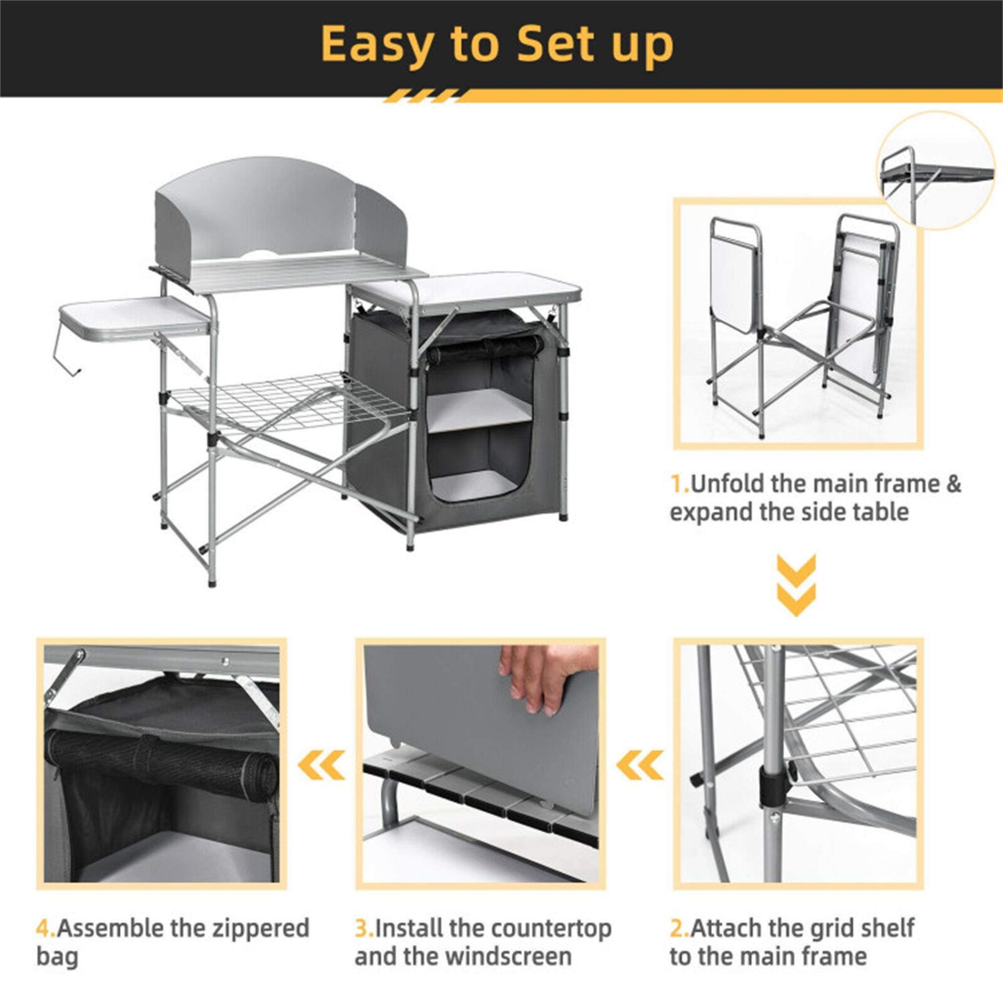 Easy to Set up

1. Unfold the main frame & expand the side table
2. Attach the grid shelf to the main frame
3. Install the countertop and the windscreen
4. Assemble the zippered bag