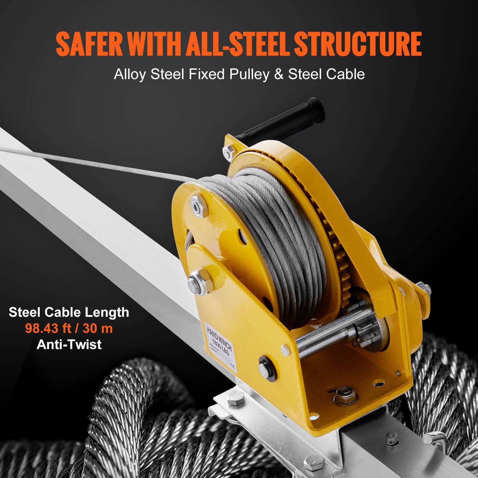SAFER WITH ALL-STEEL STRUCTURE  
Alloy Steel Fixed Pulley & Steel Cable  
Steel Cable Length 98.43 ft / 30 m  
Anti-Twist