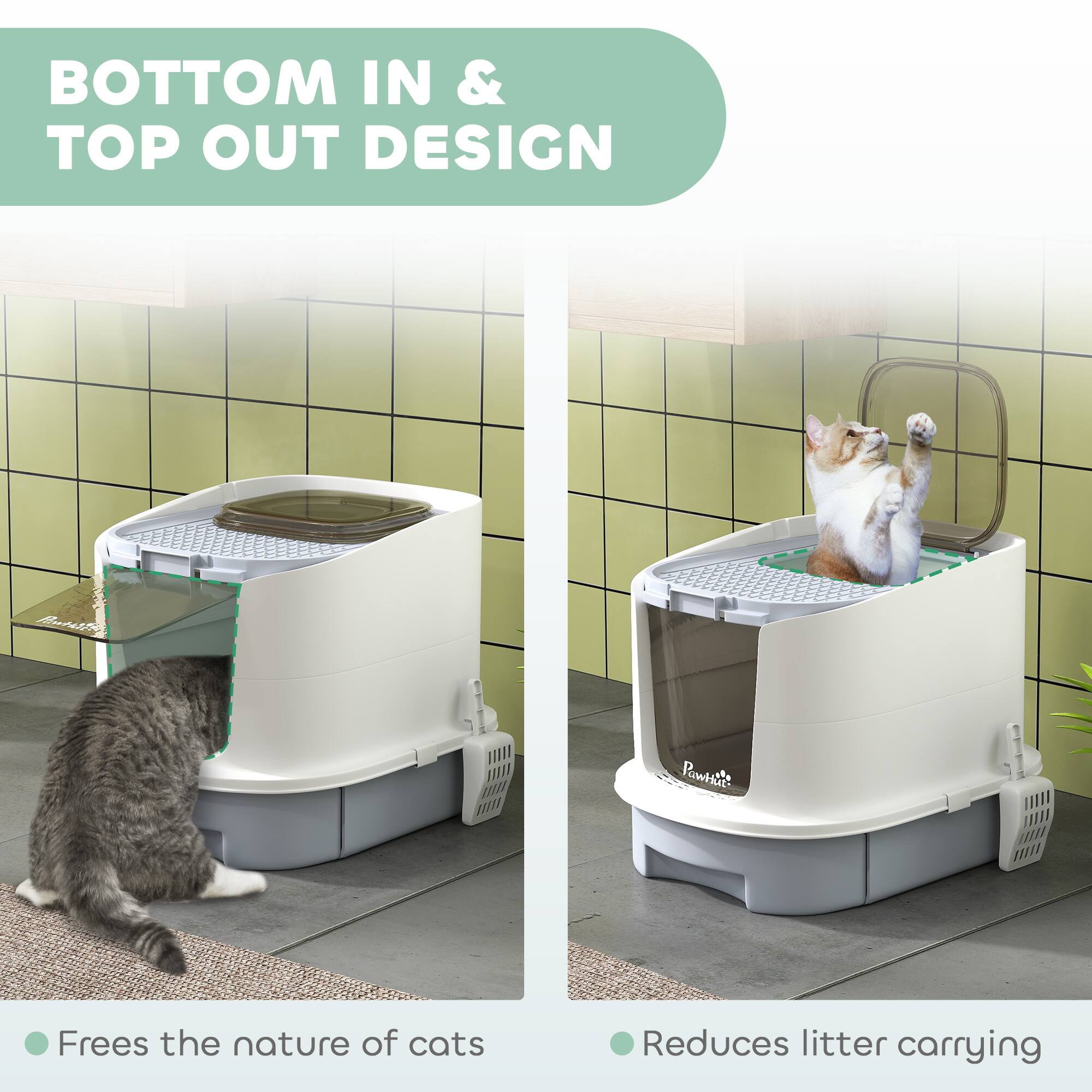 BOTTOM IN & TOP OUT DESIGN

- Frees the nature of cats
- Reduces litter carrying