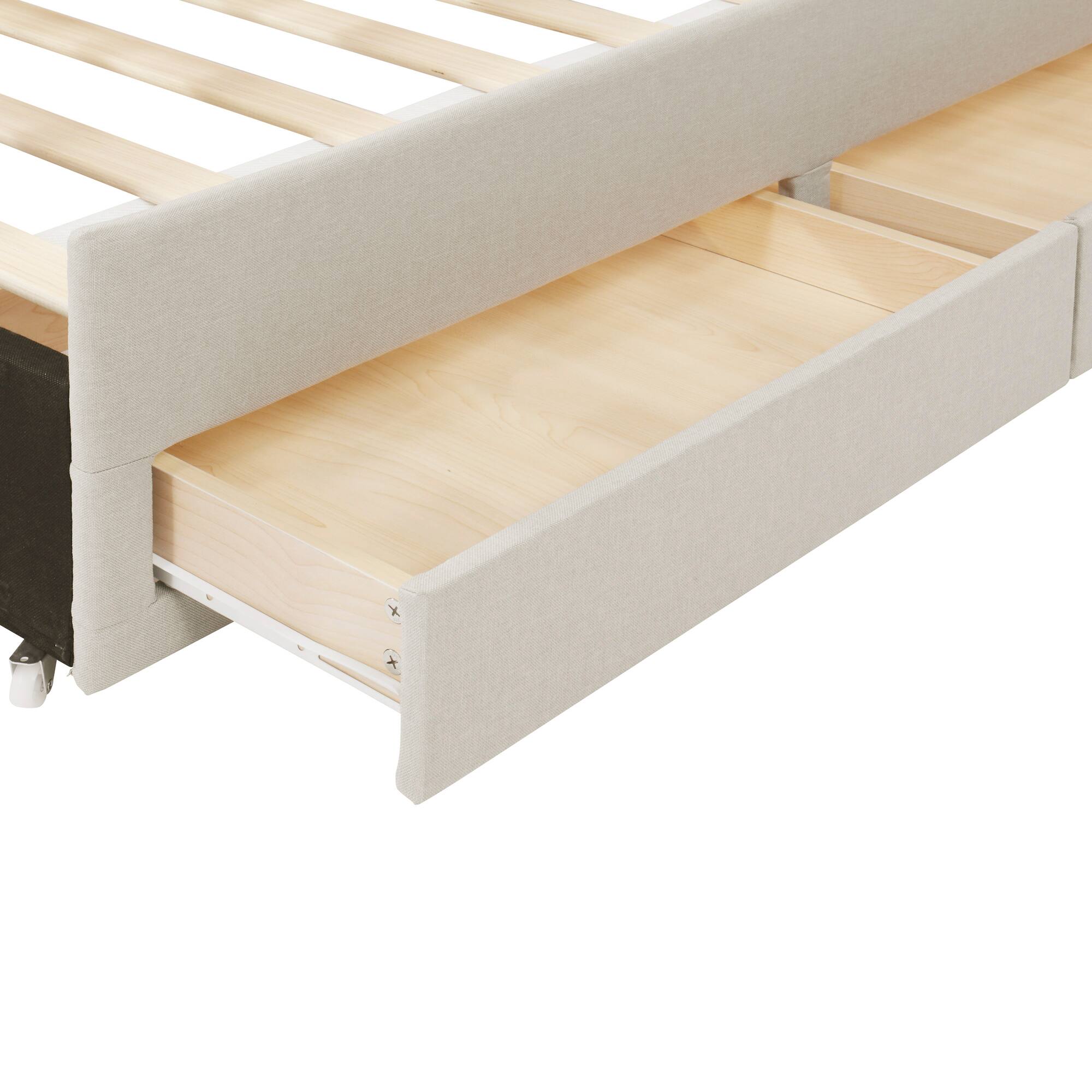 Alt View 7. Tiramisubest - Full Size Upholstered Platform Bed with Twin Size Trundle and 3 Drawers, Linen Fabric, Beige - Beige.