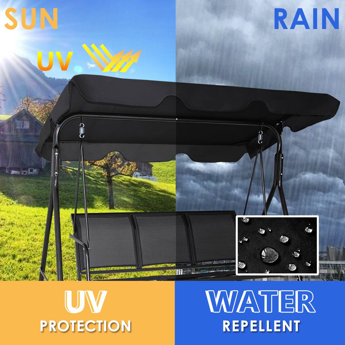 SUN  
UV  
UV PROTECTION  

RAIN  
WATER REPELLENT