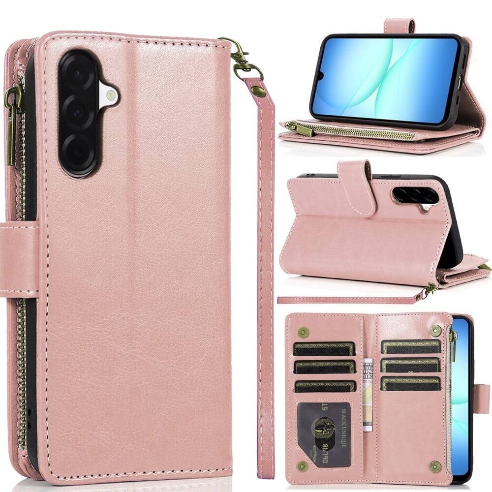 TJS - Phone Case for Samsung Galaxy A17 5G, Luxury Wallet Card ID Zipper Money Holder Cover - Rose Gold
