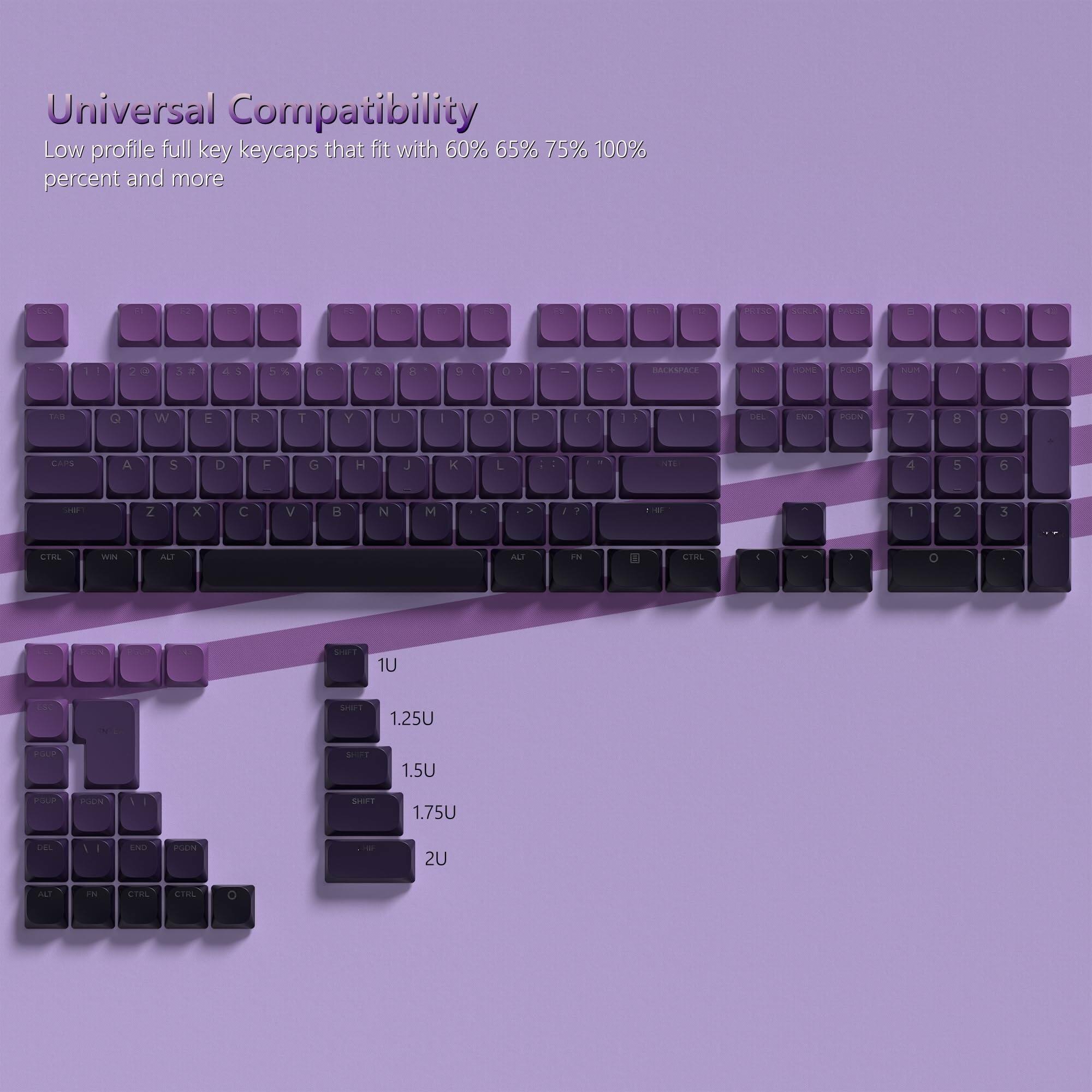 Universal Compatibility  
Low profile full key keycaps that fit with 60% 65% 75% 100% percent and more  

1U  
1.25U  
1.5U  
1.75U  
2U