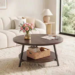 Aheaplus - 29.5'' Round Coffee Table with Storage, 2-Tier Small Modern Coffee Table for Living Room - Walnut