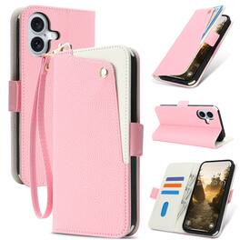 Dteck - for Apple iPhone 16 Plus/16+ Flip Wallet Case+Wrist Strap,PU Leather Card Slot Stand Magnetic Closure Shockproof Cover - Pink