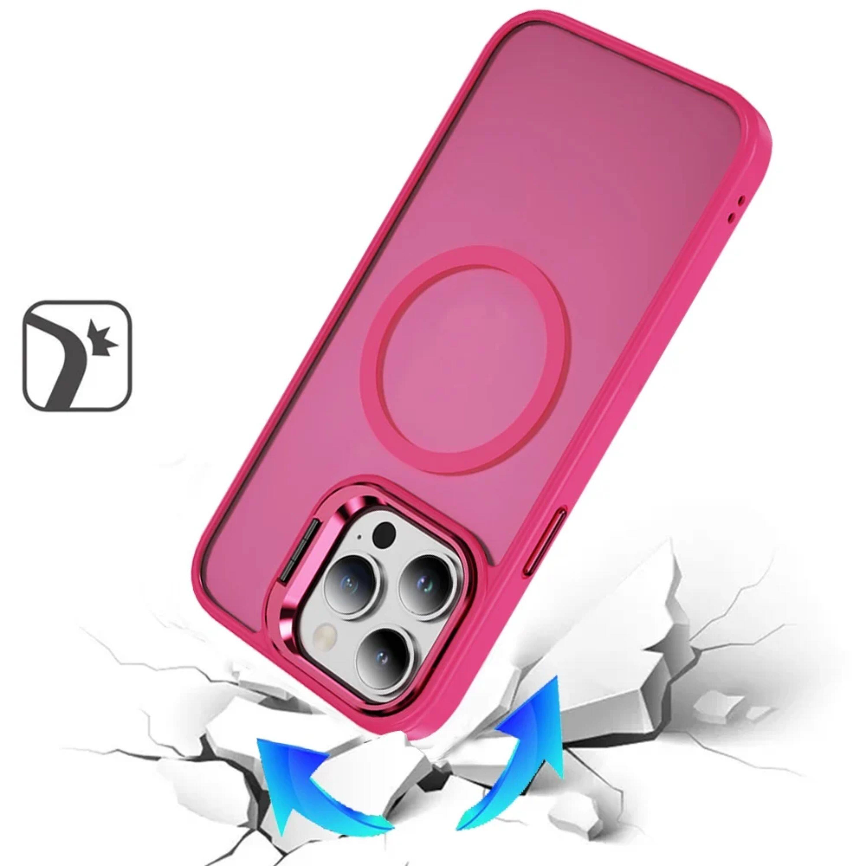 Left. Kitcheniva - Magnetic Metal Lens Stand Case For iPhone 14 Pro Max Hot Pink - Hot Pink.