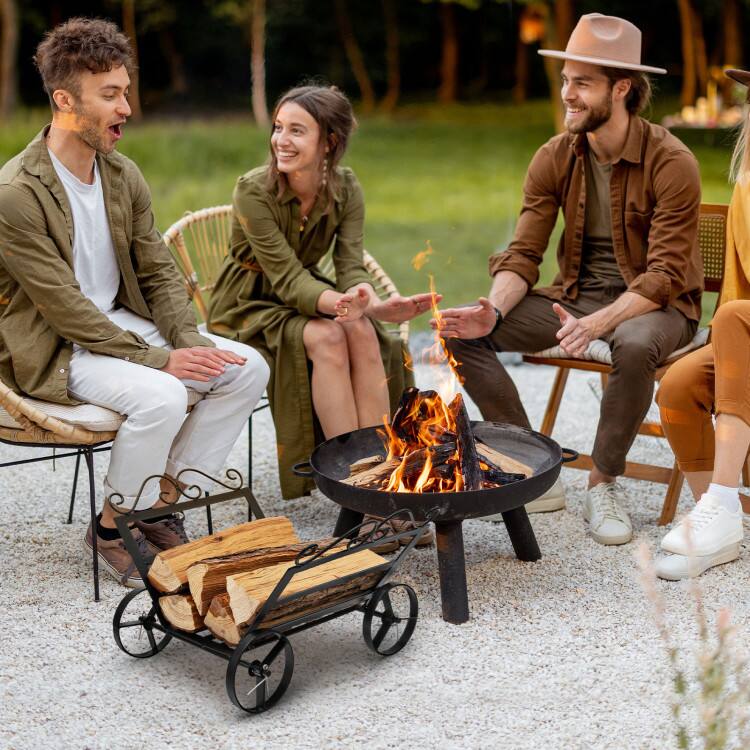 Back. Mondawe - Firewood Rack Decorative Rustproof Steel Fireplace Log Holder with Wheels - Black.