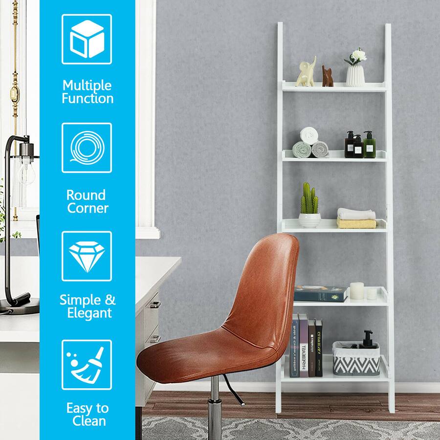 Costway Versatile 5 Tier Bookshelf Leaning Wall Shelf Ladder Bookcase ...