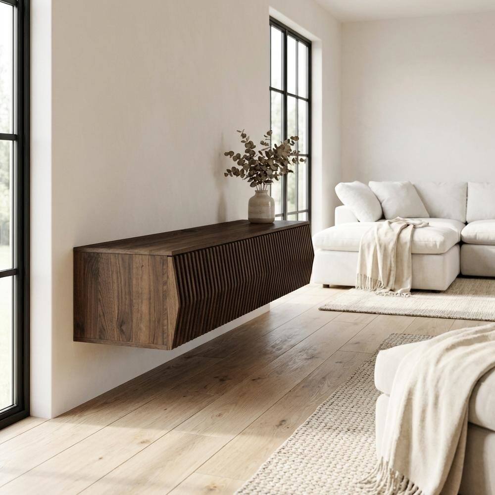 Left. FurniFact - Brown Wall Mount TV Stand with Engineered Wood Finish - Brown.