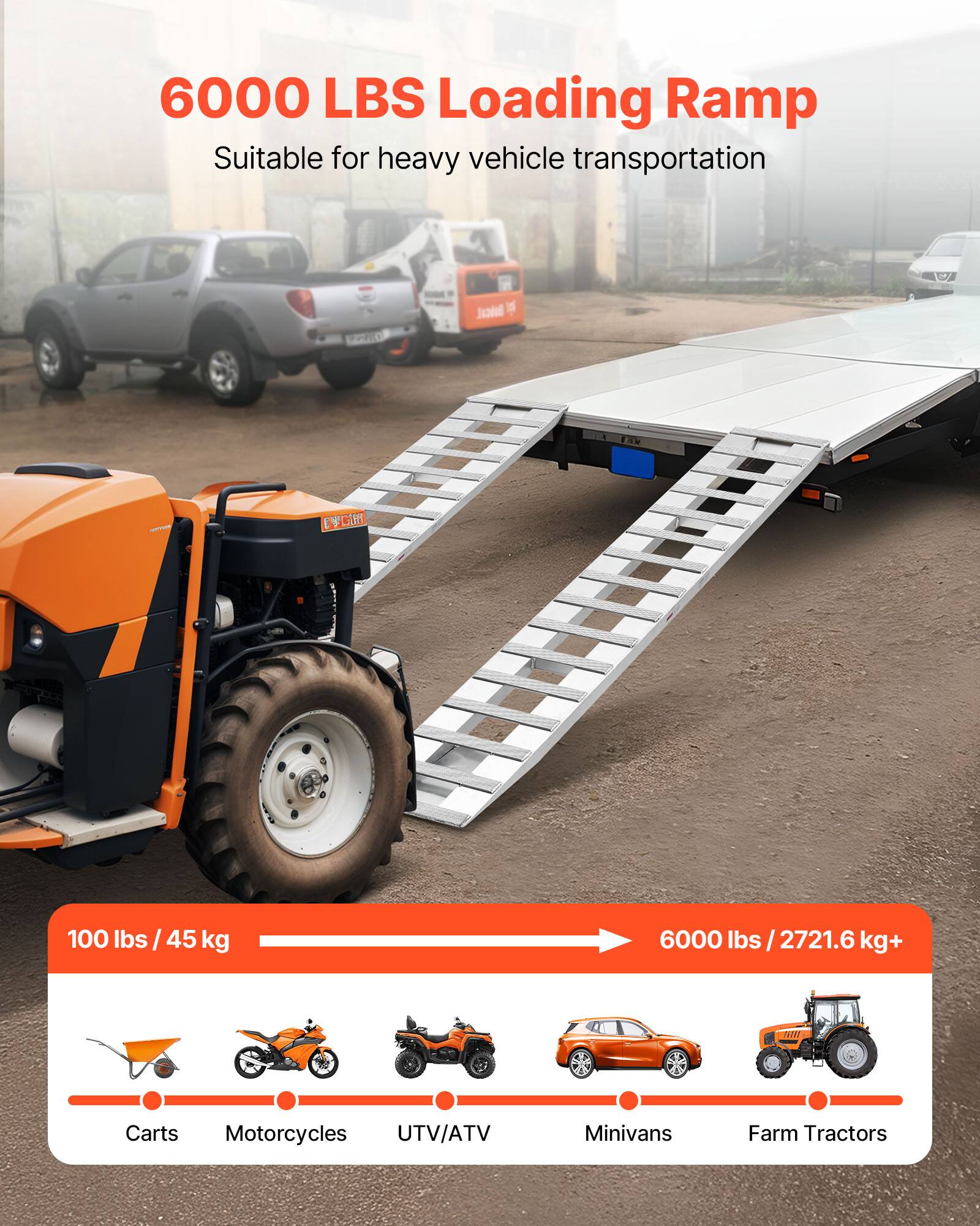 6000 LBS Loading Ramp  
Suitable for heavy vehicle transportation  

100 lbs / 45 kg  
6000 lbs / 2721.6 kg+  

Carts  
Motorcycles  
UTV/ATV  
Minivans  
Farm Tractors
