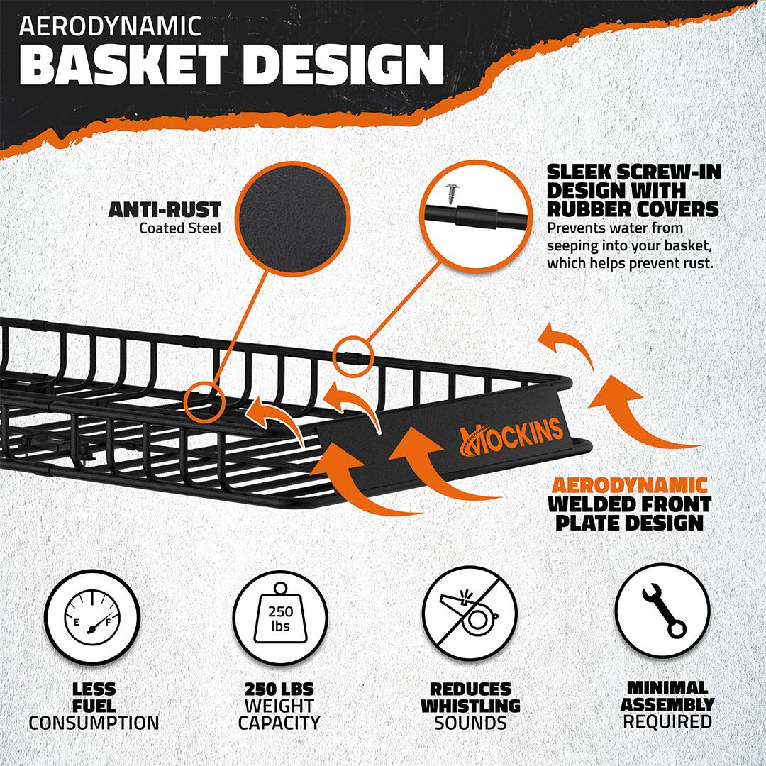 AERODYNAMIC BASKET DESIGN

- ANTI-RUST Coated Steel
- SLEEK SCREW-IN DESIGN WITH RUBBER COVERS Prevents water from seeping into your basket, which helps prevent rust.
- AERODYNAMIC WELDED FRONT PLATE DESIGN
- LESS FUEL CONSUMPTION
- 250 LBS WEIGHT CAPACITY
- REDUCES WHISTLING SOUNDS
- MINIMAL ASSEMBLY REQUIRED