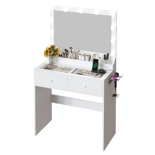 Alt View 1. Winado - All-in-One Vanity Desk Glass Visual Desktop with Mirror & 3 Colors Lights & USB Ports Dressing Table - White.