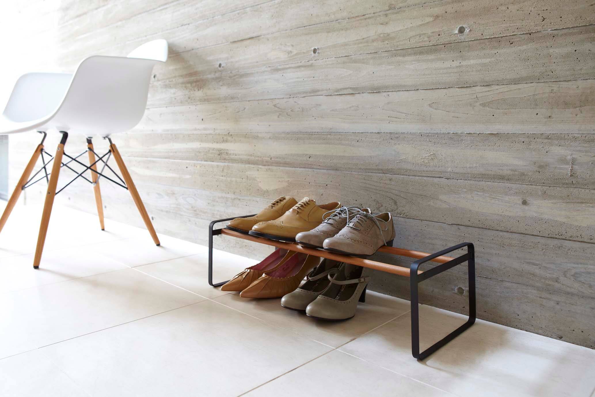 Angle. Yamazaki Home - Stackable Shoe Rack (7" H)  - Steel + Wood - Black.