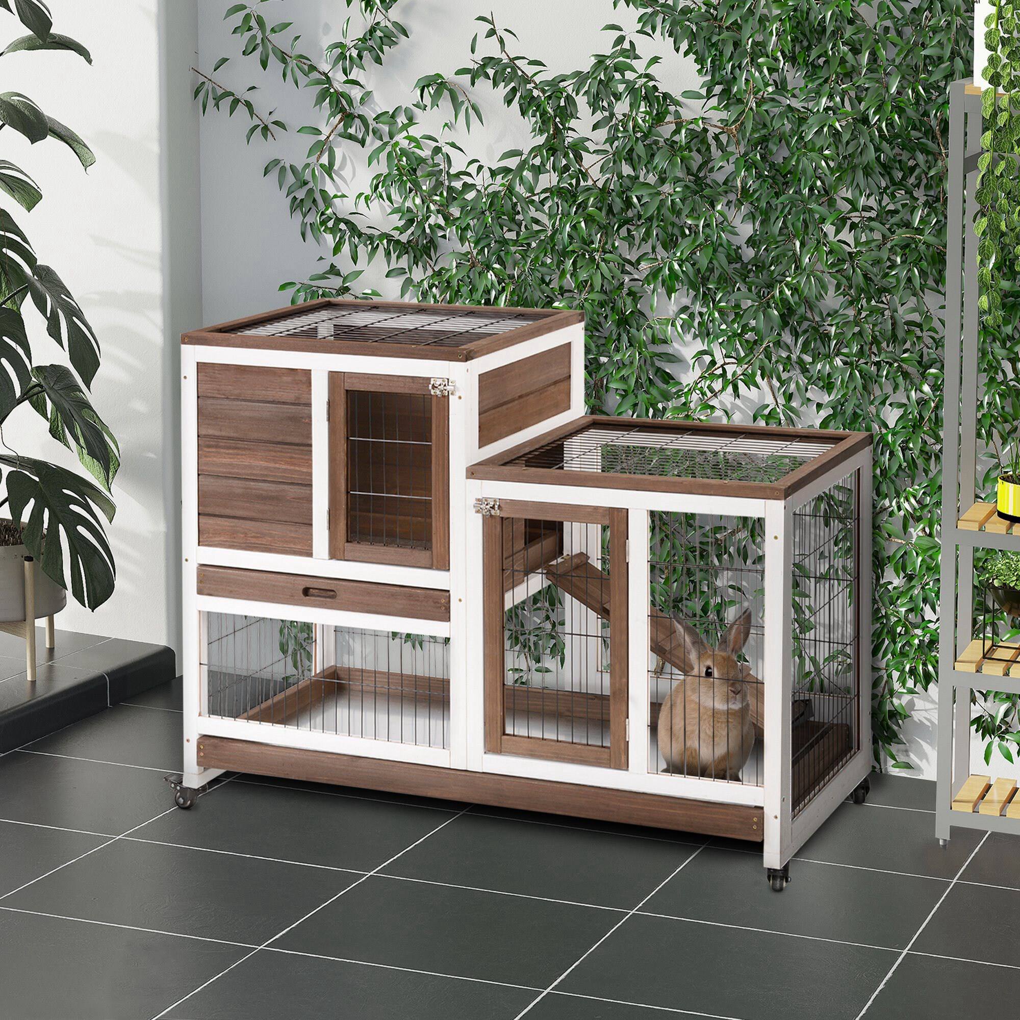 Alt View 1. Pawhut - Rabbit Hutch Elevated Bunny Cage Indoor Small Animal Habitat with Enclosed Run with Wheels.