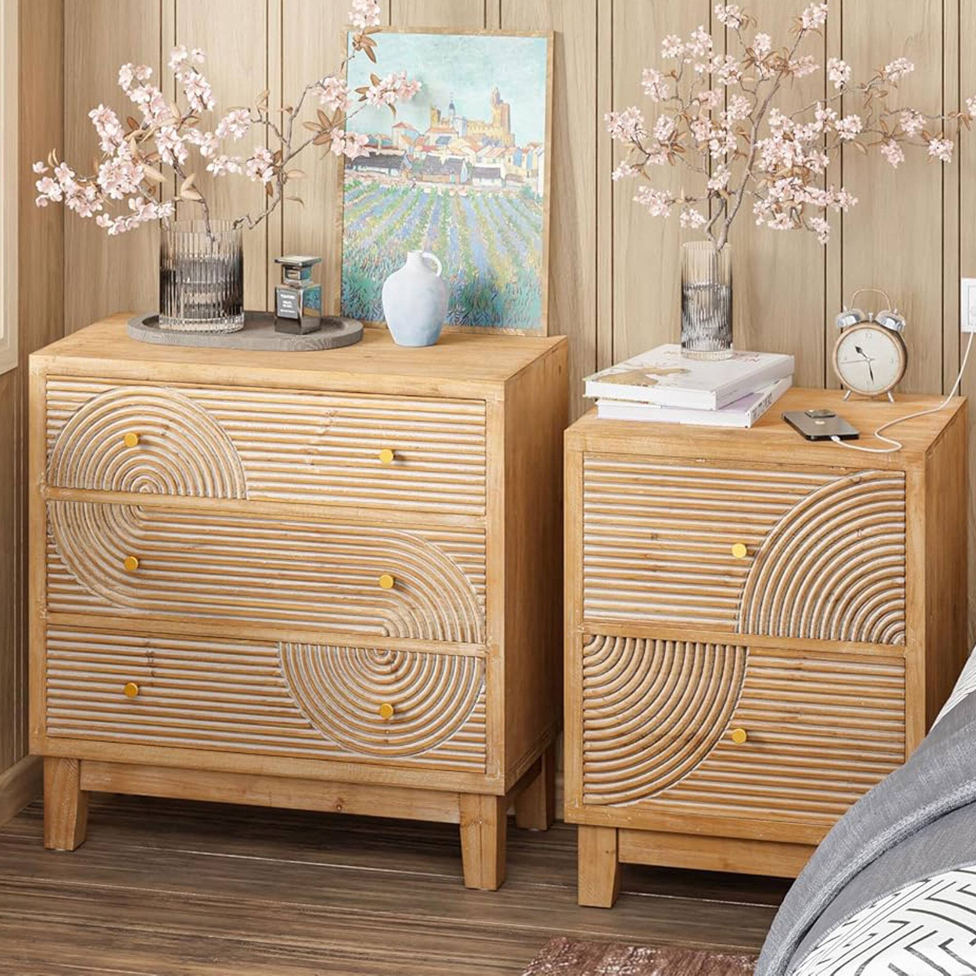Alt View 7. COZAYH - COZAYH 3-Drawer Farmhouse Dresser, Rustic Ring Motif Nightstand, Natural Wood - Natural Wood.