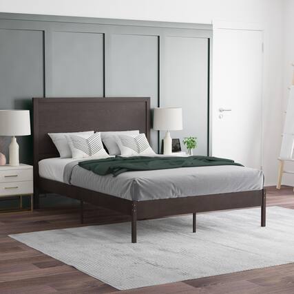 Front. Emma + Oliver - Ashton Classic Wooden Platform Bed with Headboard - Dark Brown.