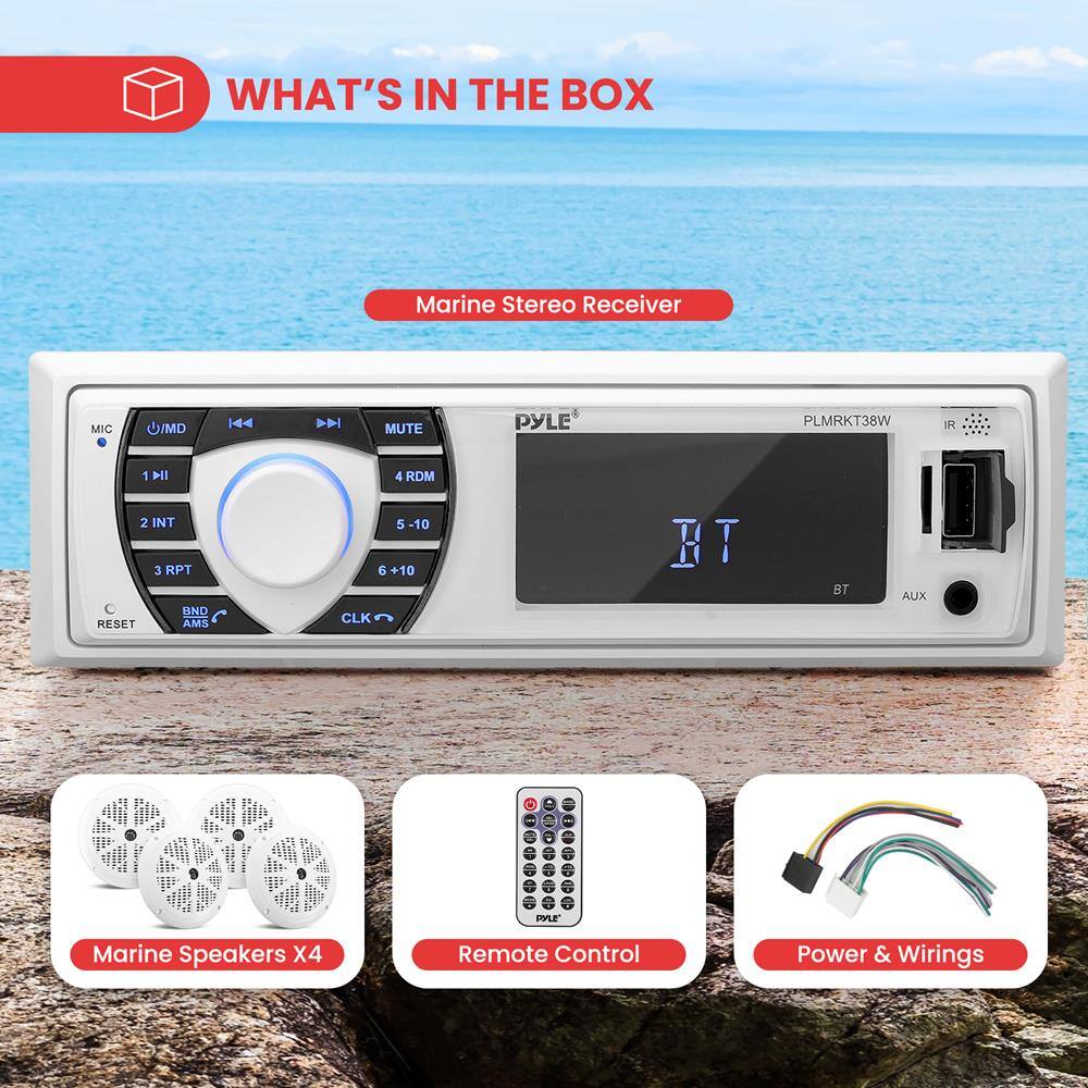 WHAT'S IN THE BOX

Marine Stereo Receiver

- MIC
- O/M/D
- 1
- 2 INT
- 3 RPT
- 4 RDM
- 5 -10
- 6 +10
- CLK
- BT
- BT AUX
- IR
- RESET
- AMS
- BND

Marine Speakers X4

Remote Control

Power & Wirings