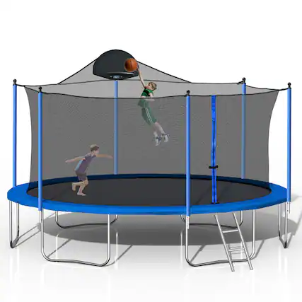 Front. Ecooso - 14FT Trampoline with Basketball Hoop: Enclosure Net, Ladder, Curved Poles, 72 Springs, 240 lb Capacity - Blue.