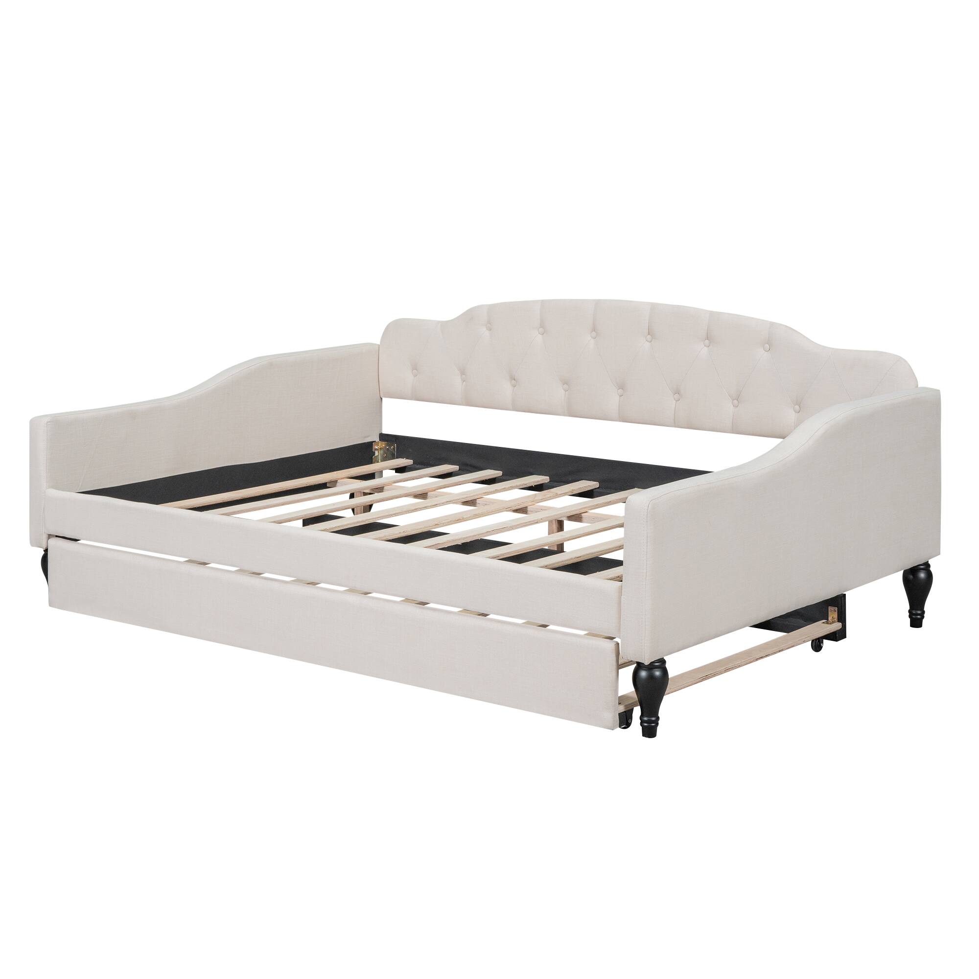 Alt View 4. Tiramisubest - Full Size Upholstered Tufted Daybed with Twin Size Trundle, Beige - Beige.