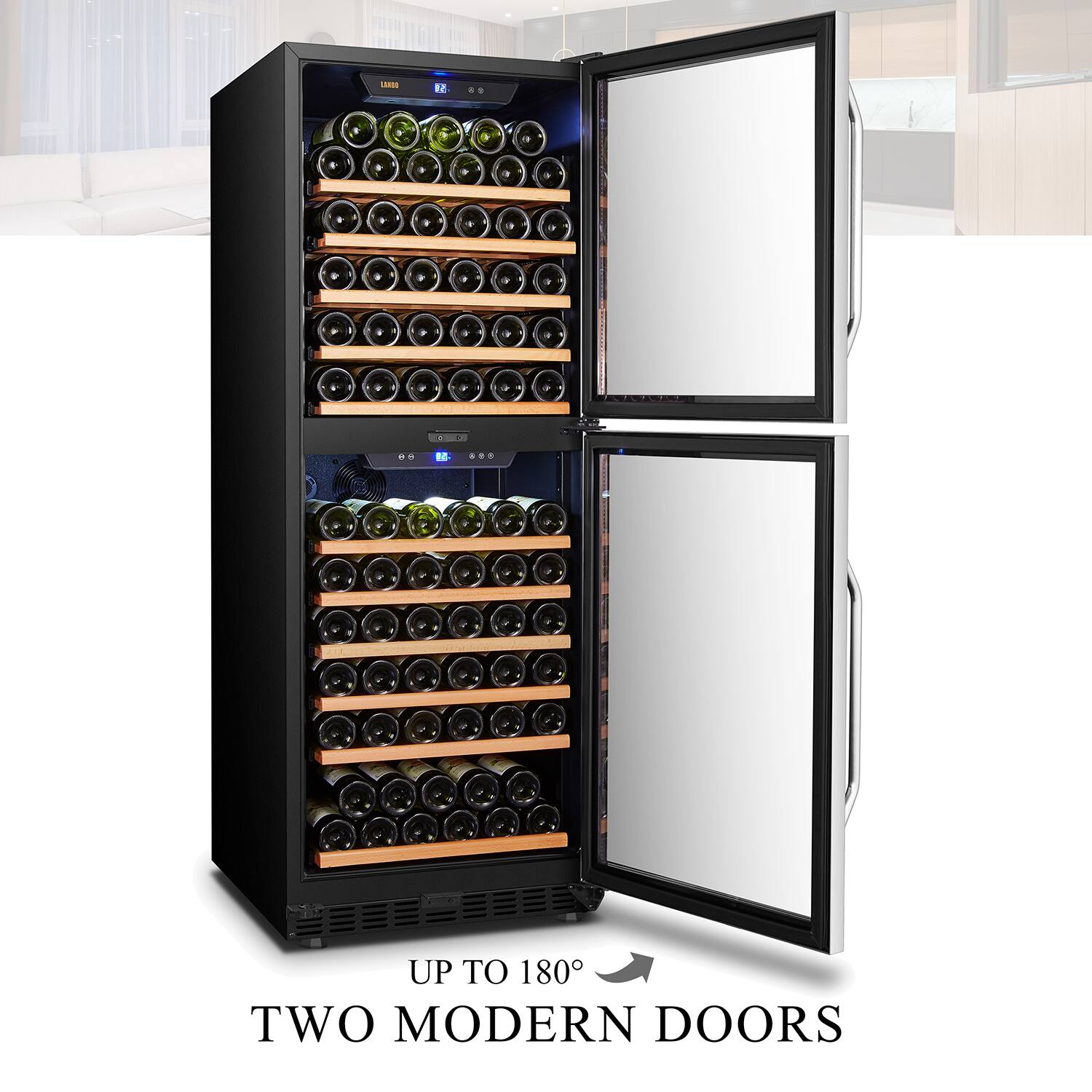 Alt View 11. Lanbo - Freestanding/Built-In 24 Inch 130 Bottle Dual Zone Wine Fridge with Smooth Rolling Shelves and 2 Independent Zones - Black.