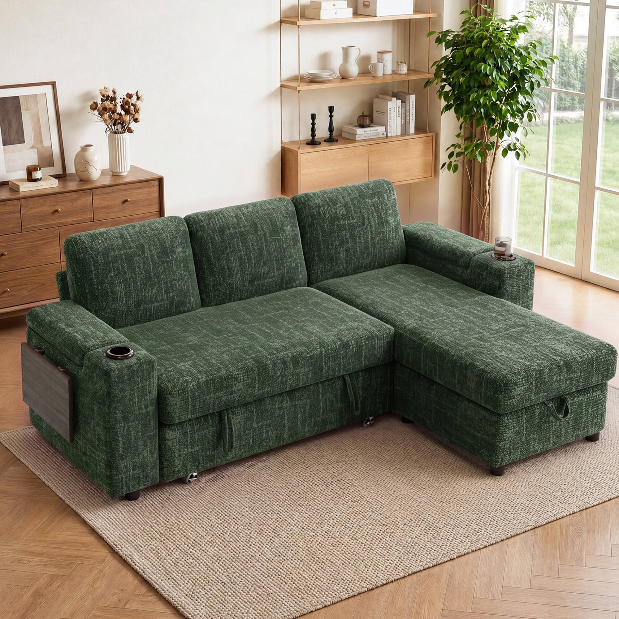 Angle. Dyonery - 85" Modular Sectional Sleeper Sofa with Pull Out Bed, Chenille Couch with Storage/USB Ports/Cup Holders/Side Table - Green.