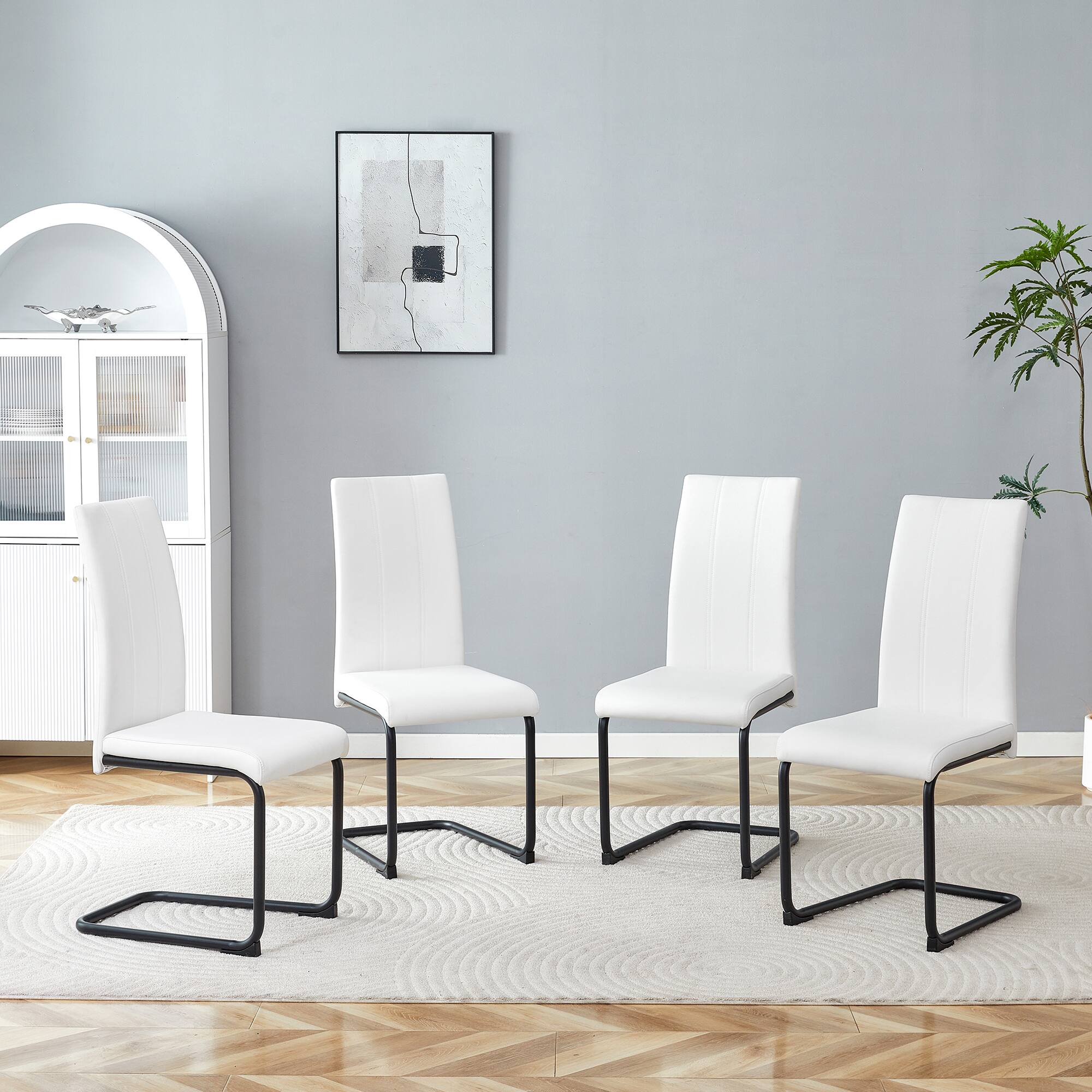 Angle. Loheer - PU Upholstered Dining Chairs Set of 4 - High Back, Metal Legs - Black,White.
