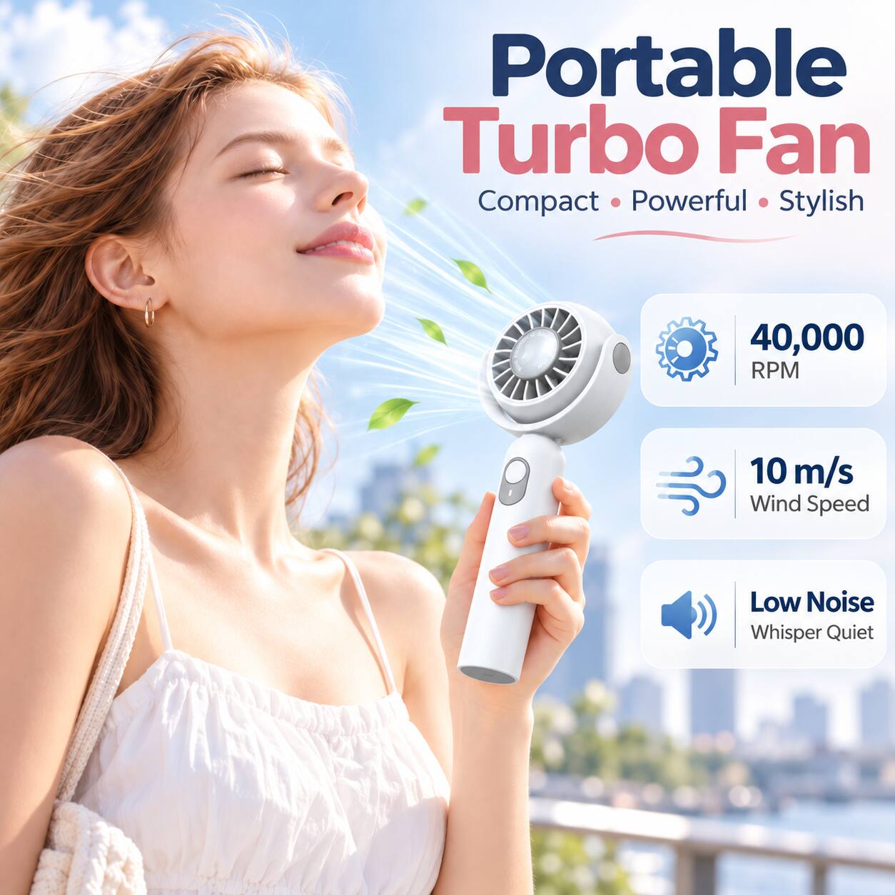 Portable Turbo Fan  
Compact • Powerful • Stylish  

40,000 RPM  
10 m/s Wind Speed  
Low Noise Whisper Quiet