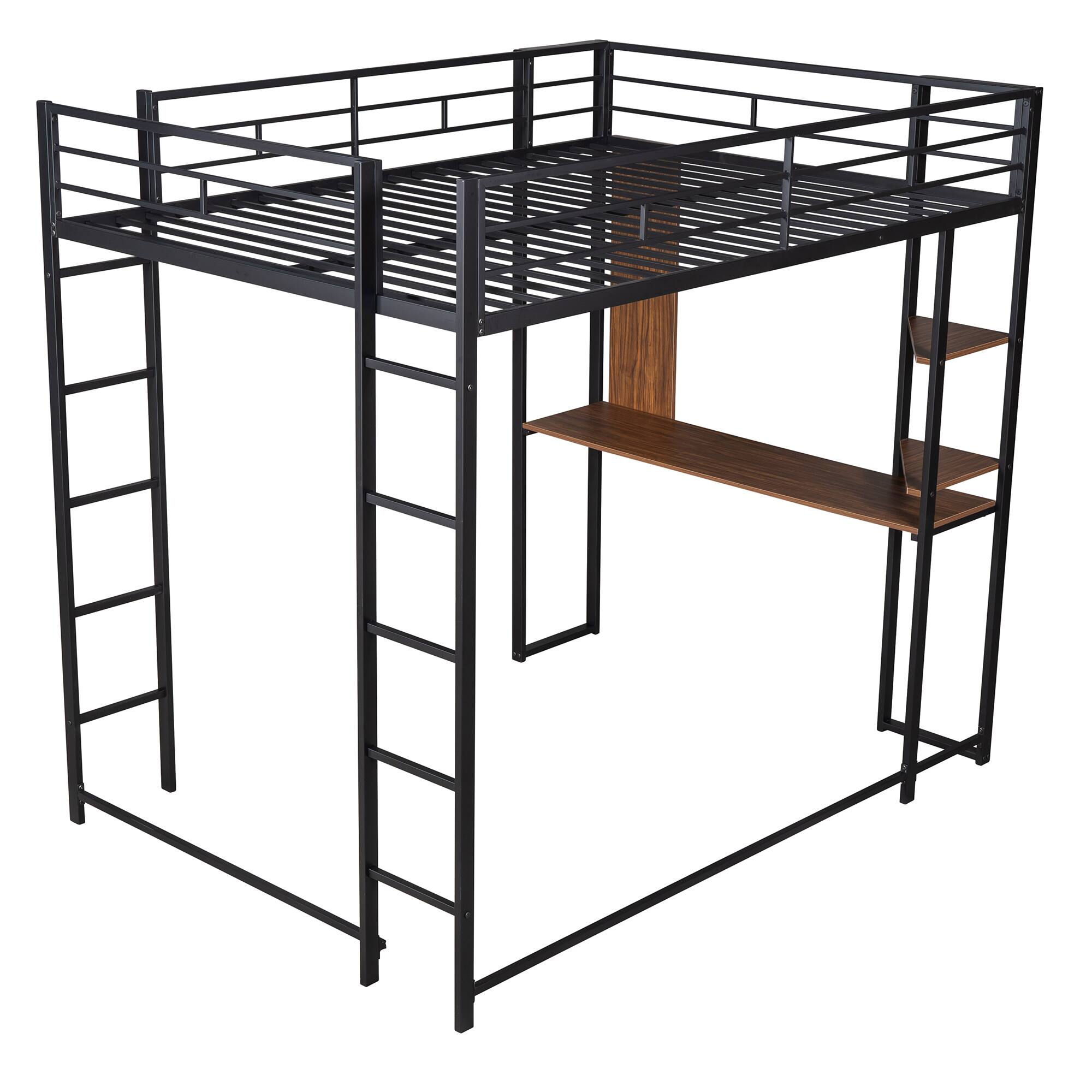 Angle. Spaco - Spaco Full Size Loft Bed, Metal Frame with Desk and 2 Shelves, Sturdy Construction, Under Bed Storage Area, Guardrail - Black.