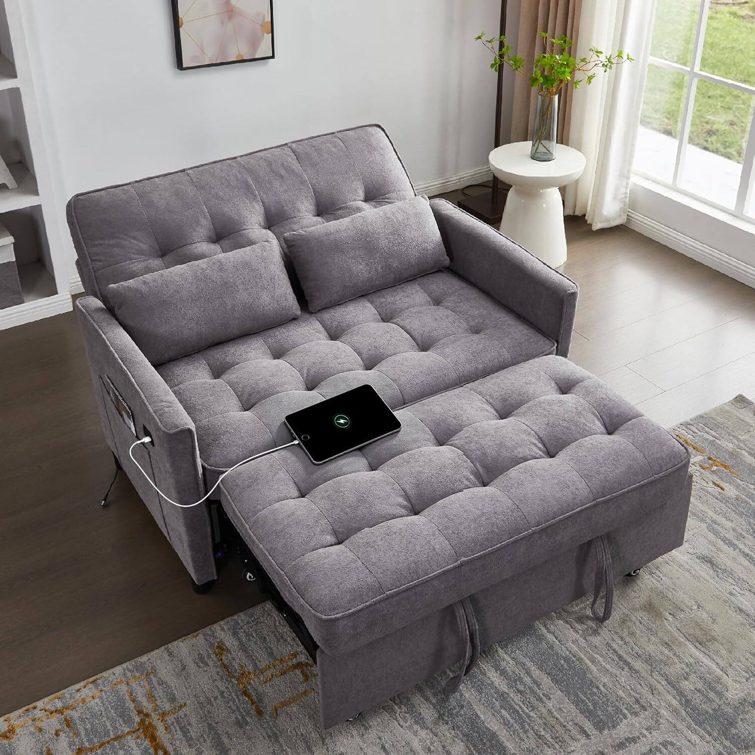 Front. Tiramisubest - Convertible Sofa Bed,3 in 1 Pull Out Couch,Living Room Sofa with Adjustable Backrest,Side Pocket&USB Charging Port,Gray - Dark Gray.