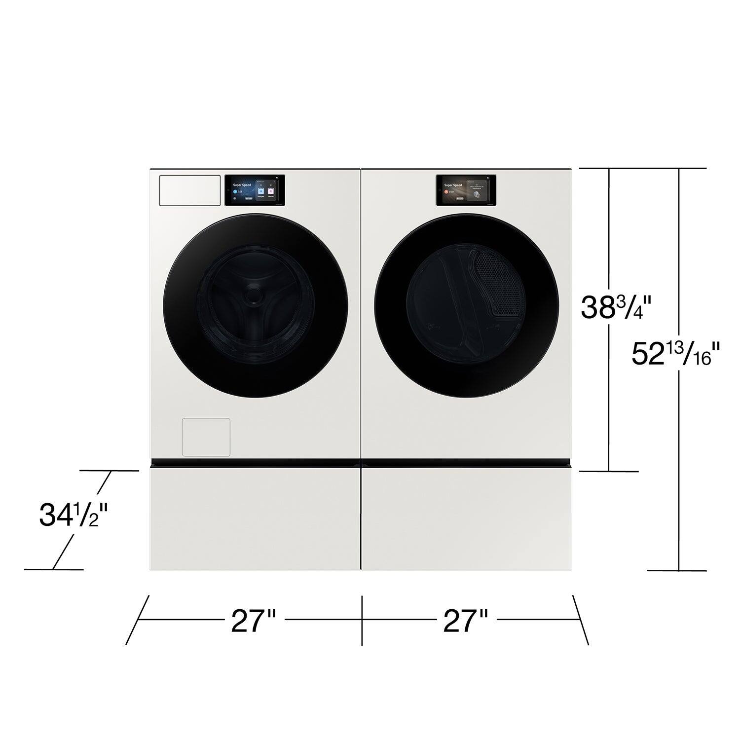 The text on the image reads: 383/4" 5213/16" 341/2" 27" 27". This information is likely related to the dimensions of the washing machine. The first measurement, 383/4", is the width of the machine, while the second measurement, 5213/16", is the height. The third measurement, 341/2", is the depth of the machine. The last two measurements, 27", are the dimensions of the door.