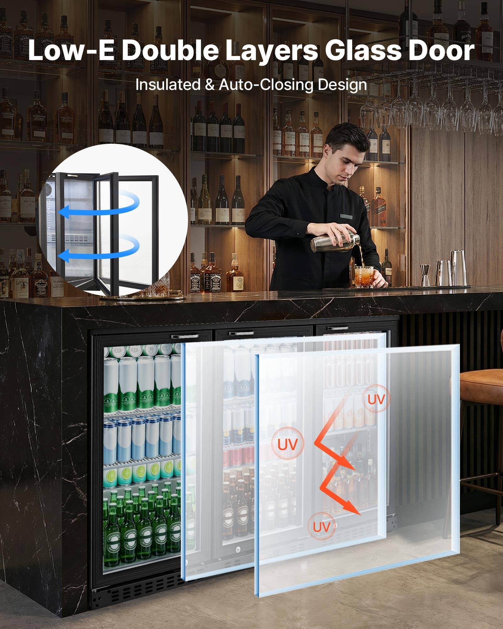 Low-E Double Layers Glass Door  
Insulated & Auto-Closing Design  
UV UV UV